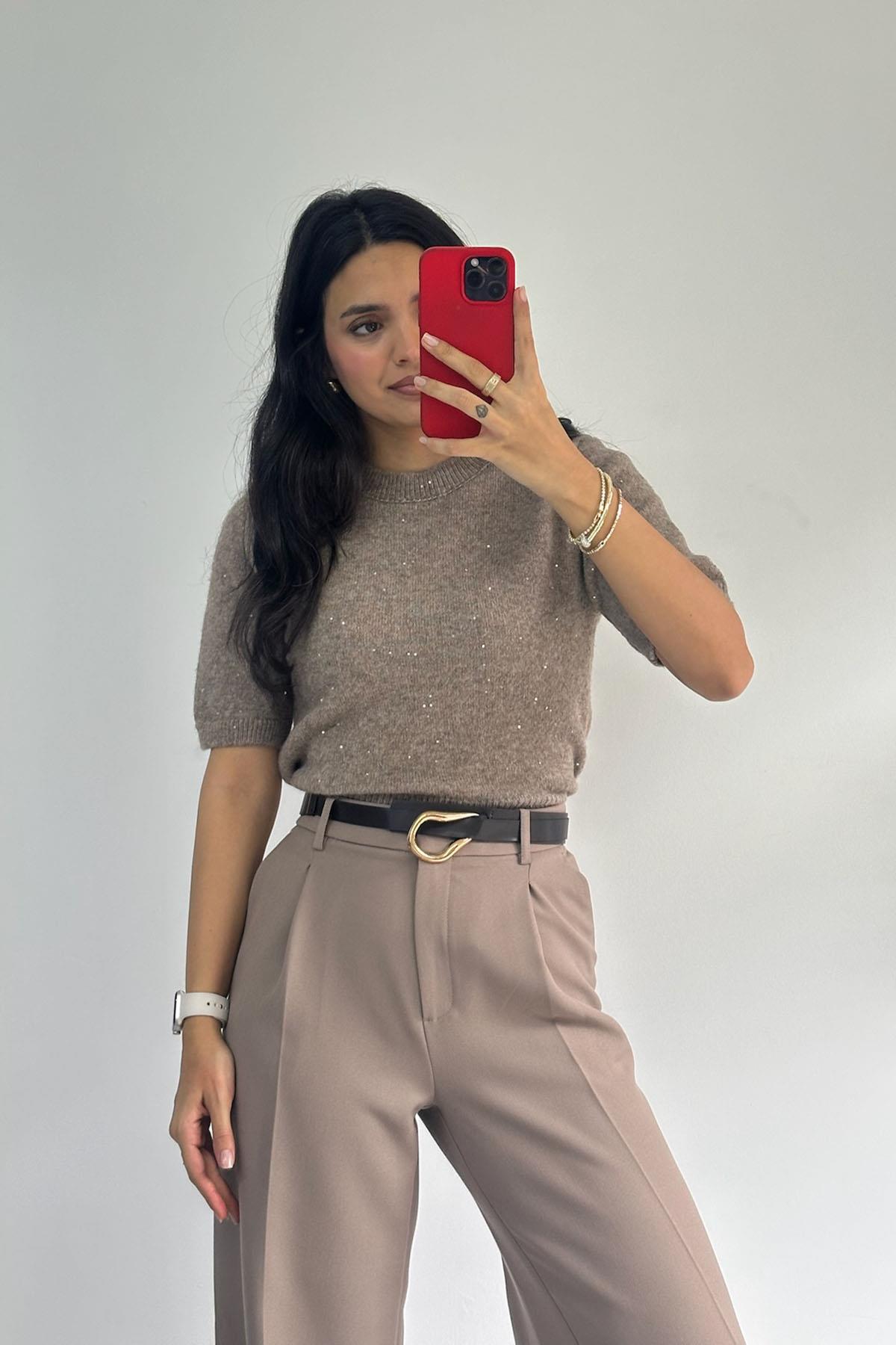 Bisiklet Yaka Simli Pullu Vizon Triko Kazak