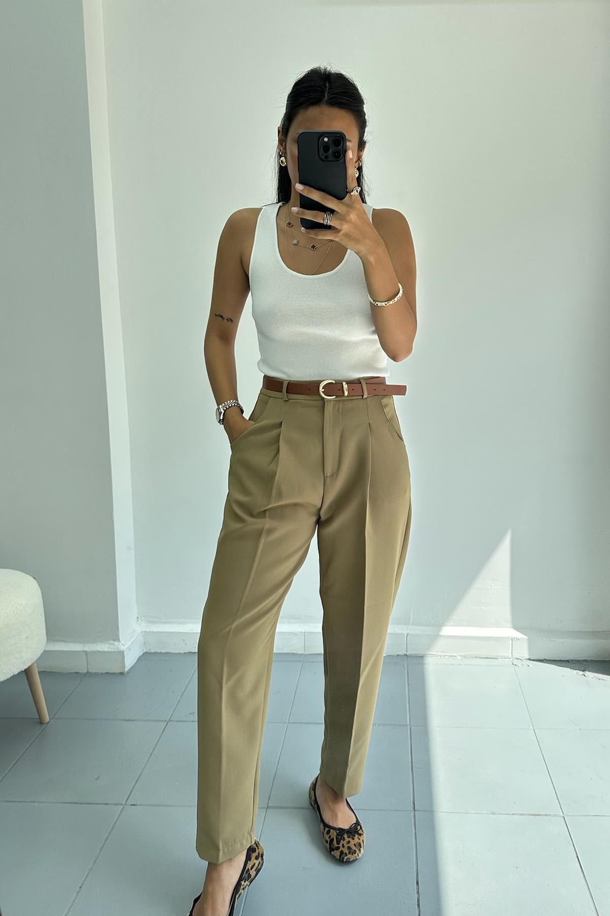 Olive Kemerli Pantolon