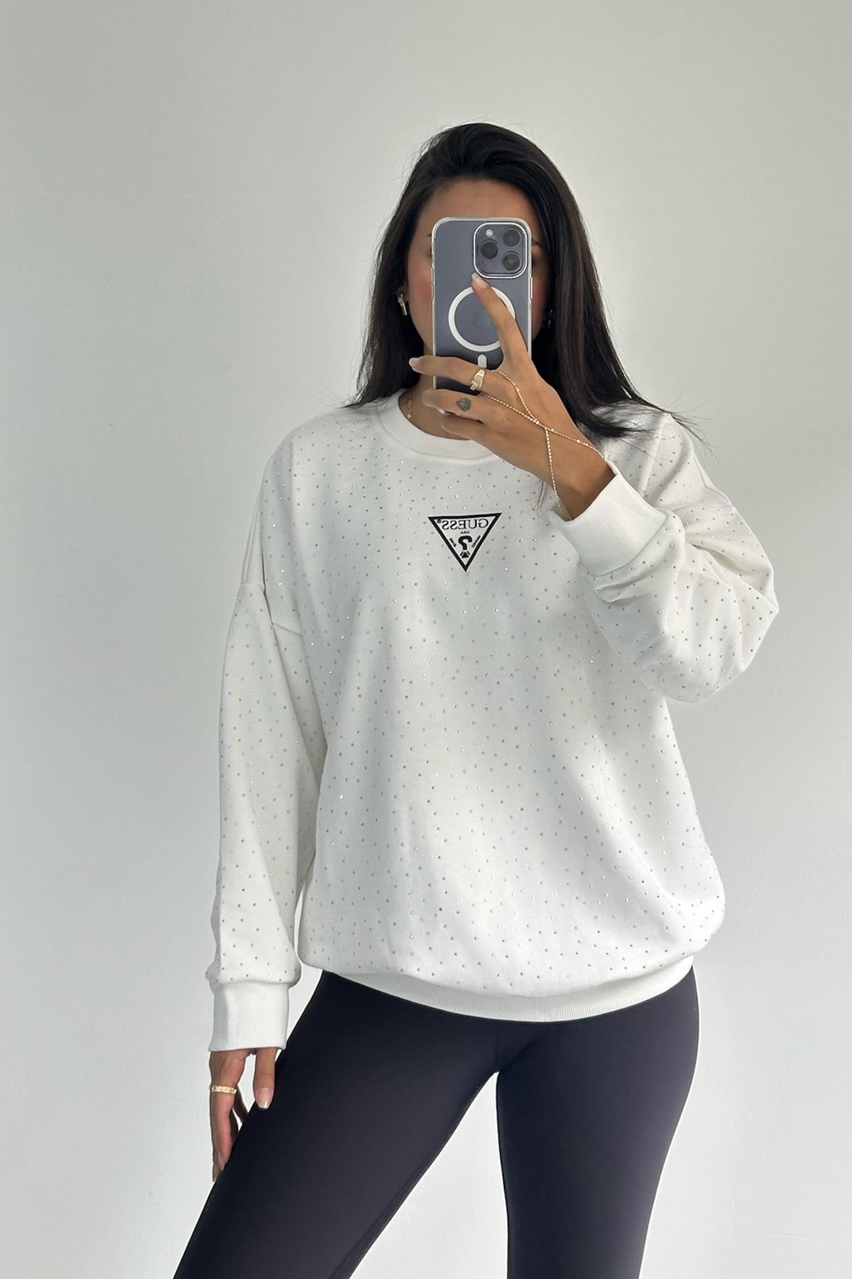 Taş Baskılı Bisiklet Yaka Beyaz Sweatshirt