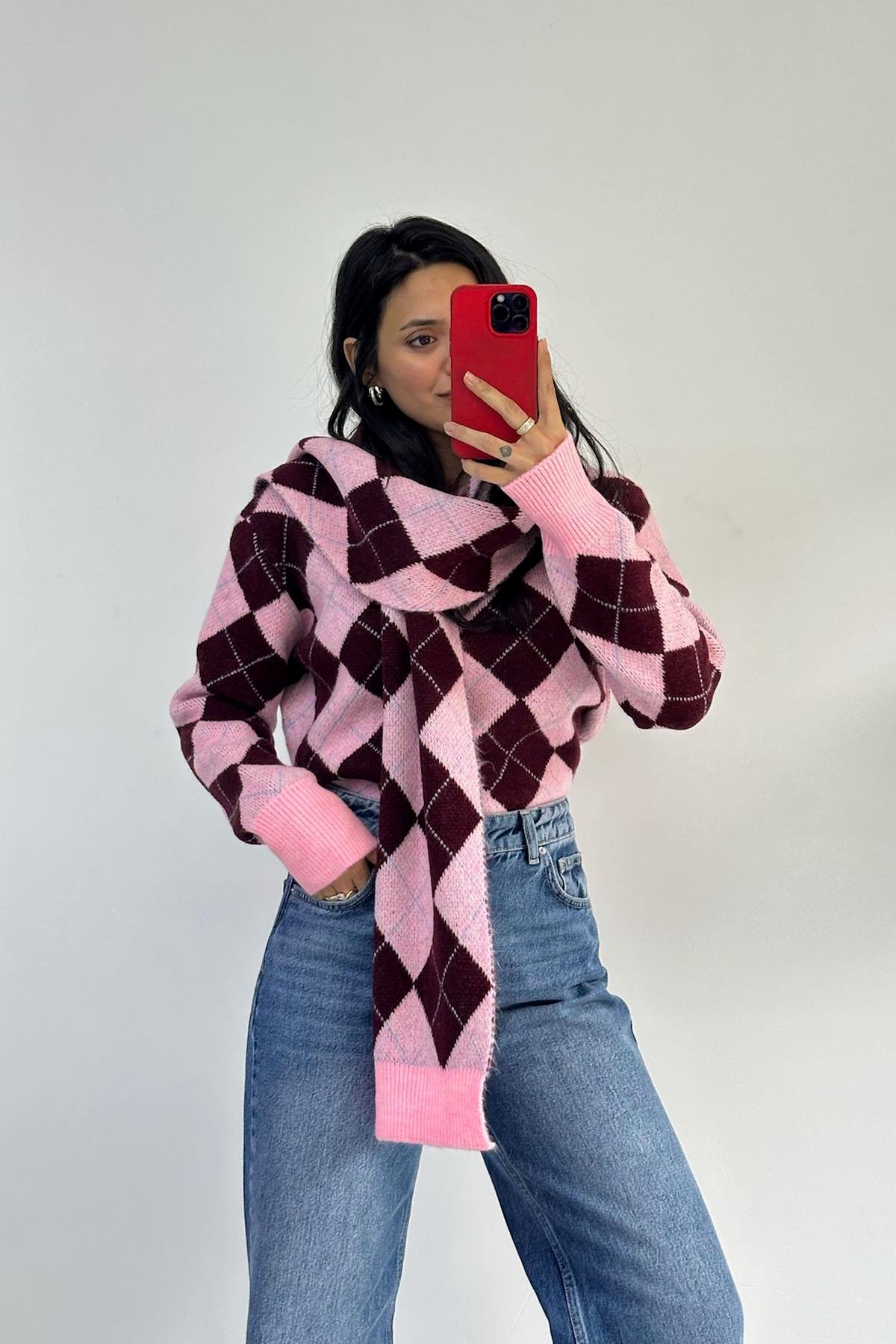 Pembe-Bordo Şallı Baklava Desenli Polo Yaka Kazak