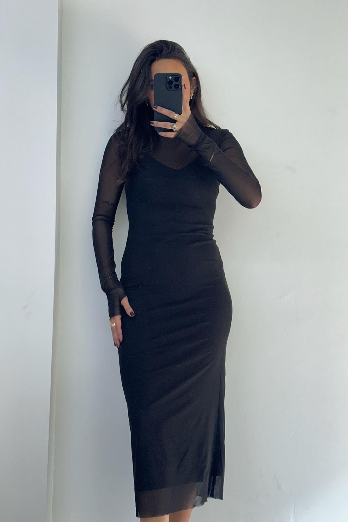 Hakim Yaka Uzun Tül Siyah Elbise 