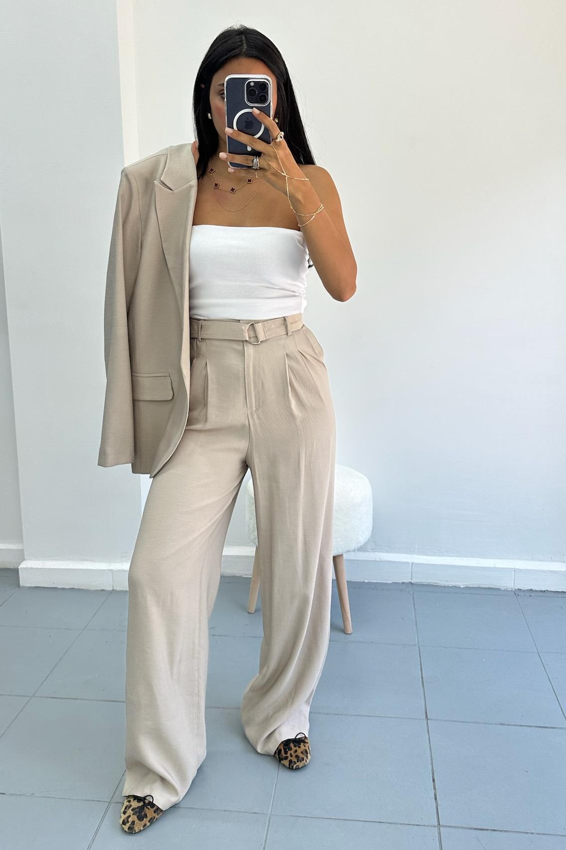 Cep Kapaklı Ceket Pantolon Bej Dokuma Takım