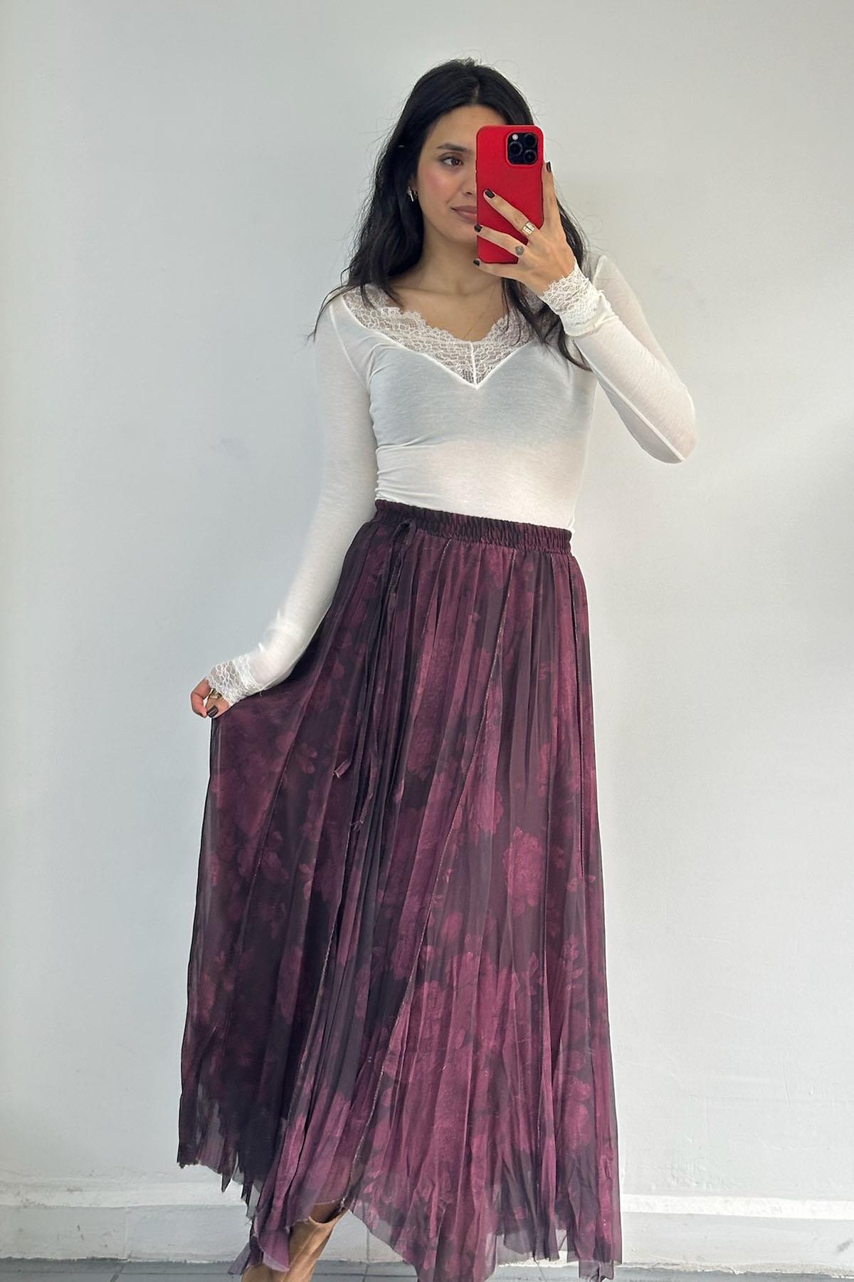 Asimetrik Kesim Desenli Mürdüm Etek 