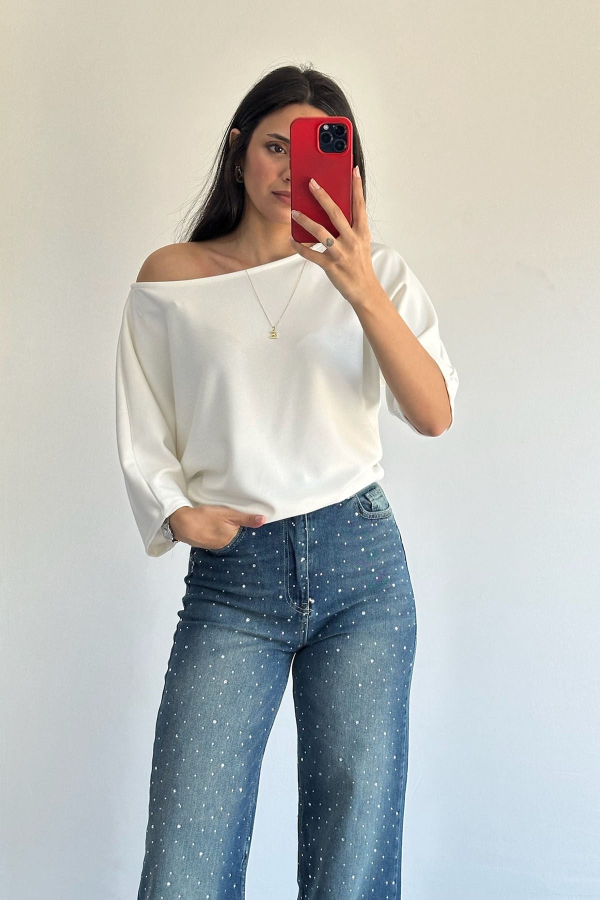 Yarasa Kol Düşük Omuz Ekru Tshirt