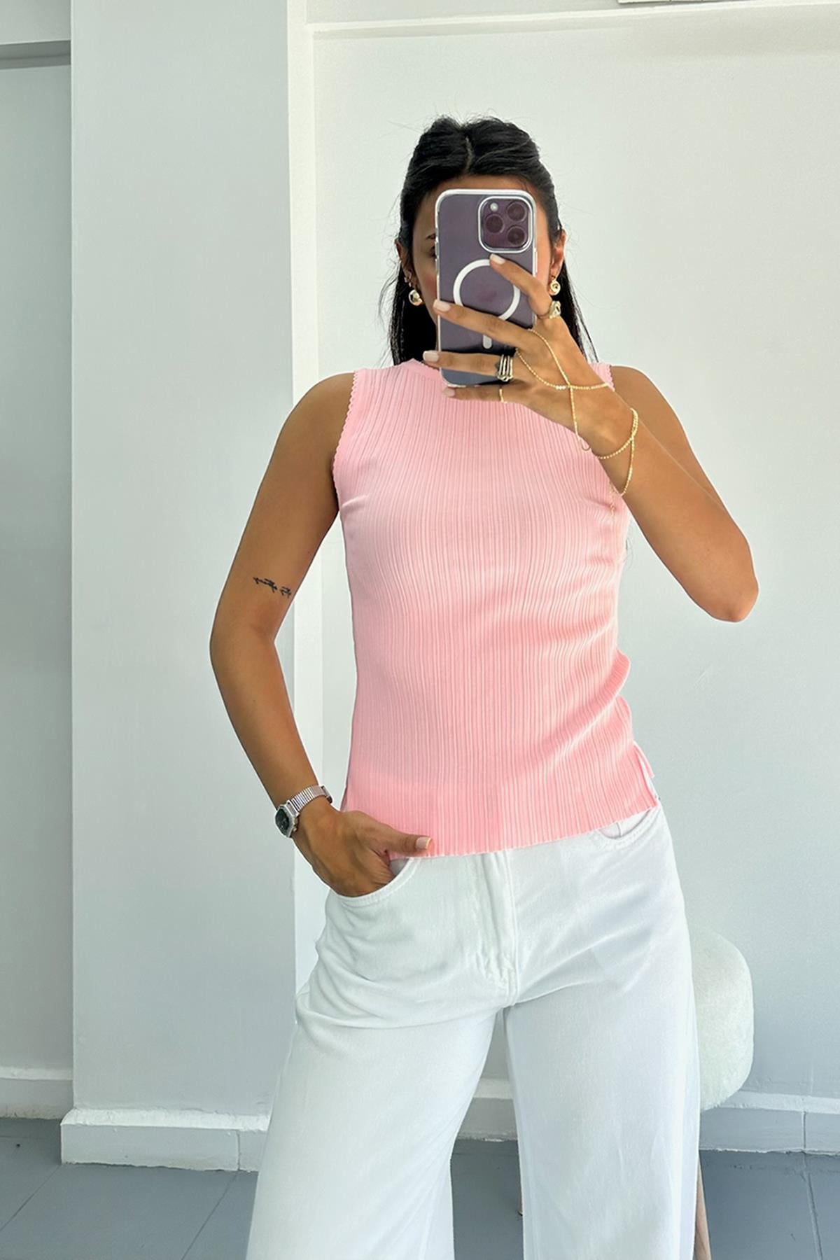 Kayık Yaka Fitilli İnce Pembe Bluz