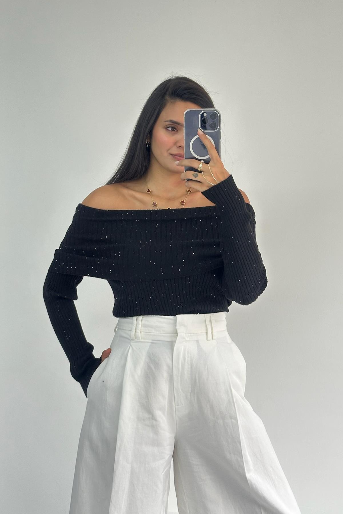 Bardot Yaka Pullu Fitilli Triko Kazak