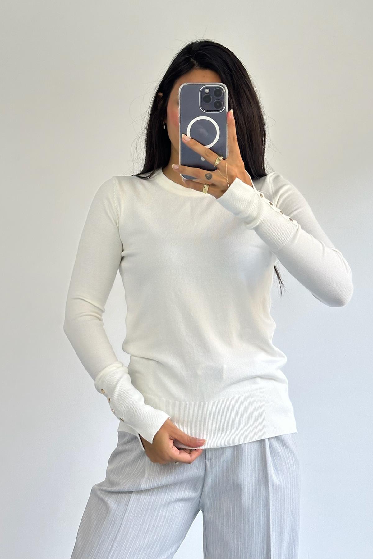 Bisiklet Yaka Kol Ortası Droplu Ekru Kazak