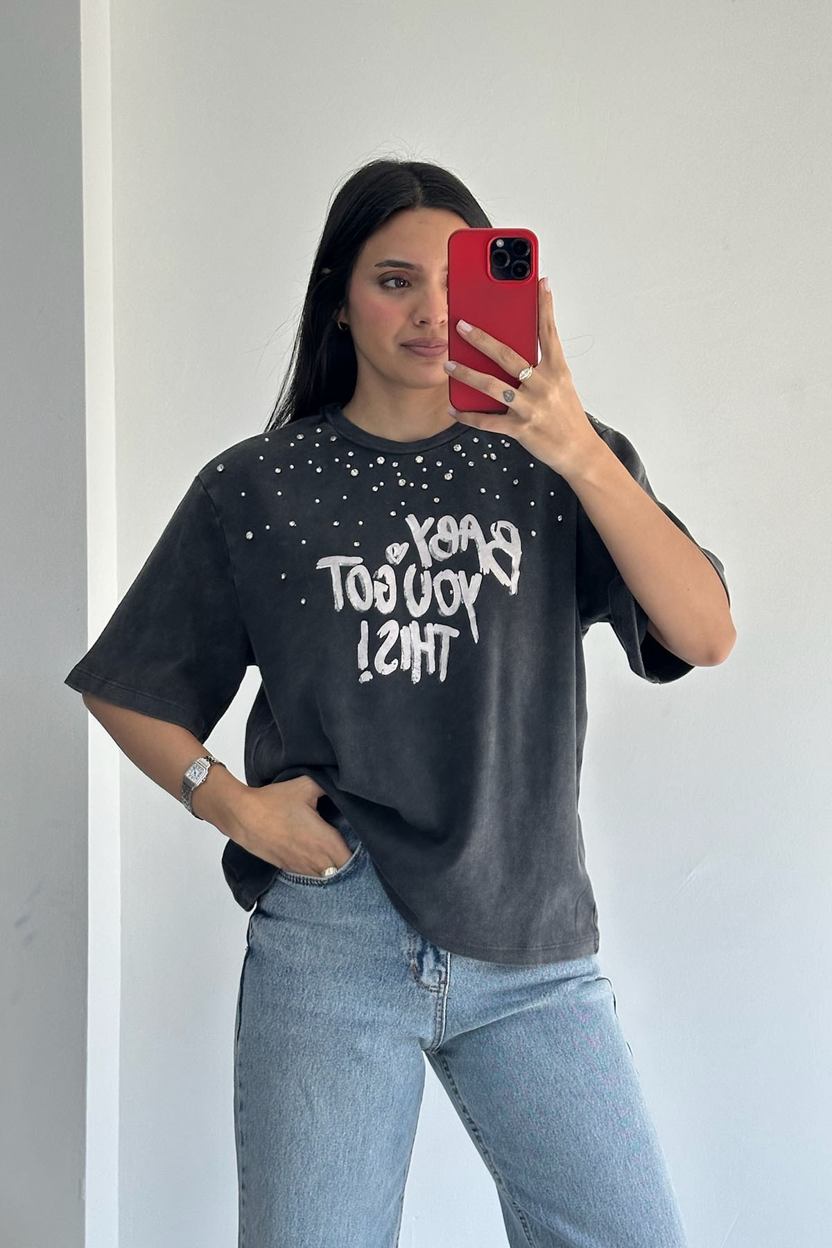 Parlak Taş Detaylı Siyah Tshirt