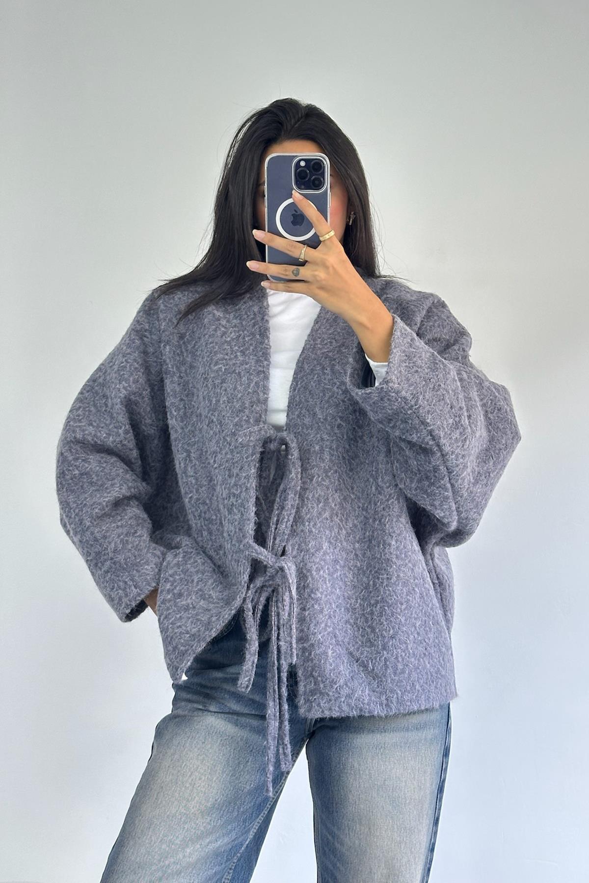 Önden Bağlamalı Kaşe Antrasit Ceket