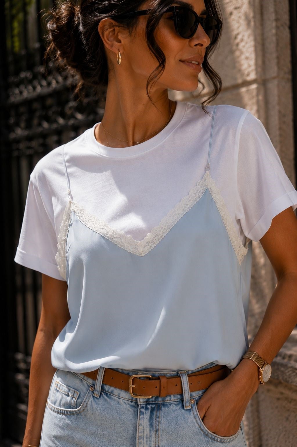 Çift Katmanlı Askılı Beyaz Tshirt