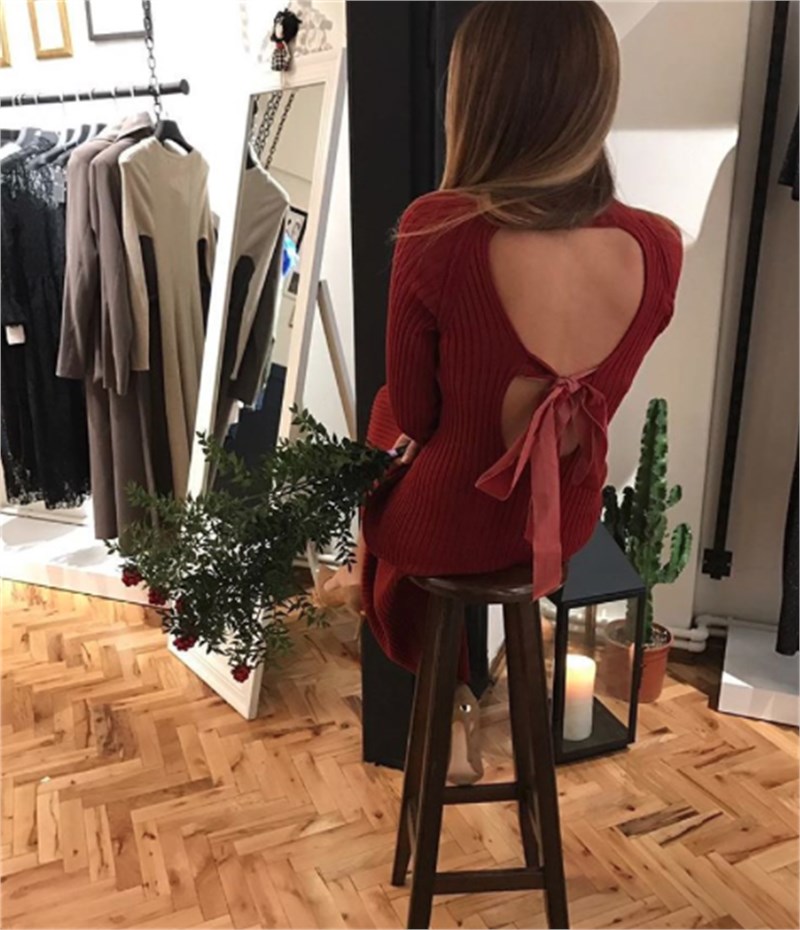 Sırtı Bağlı Detay Triko Çan Elbise