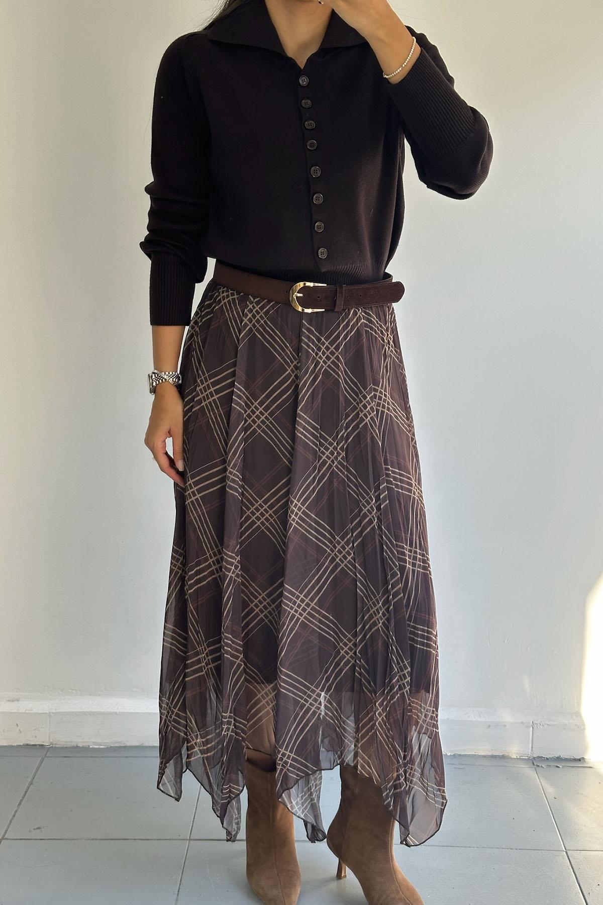 Parçalı Kahve-Taş Ekose Etek