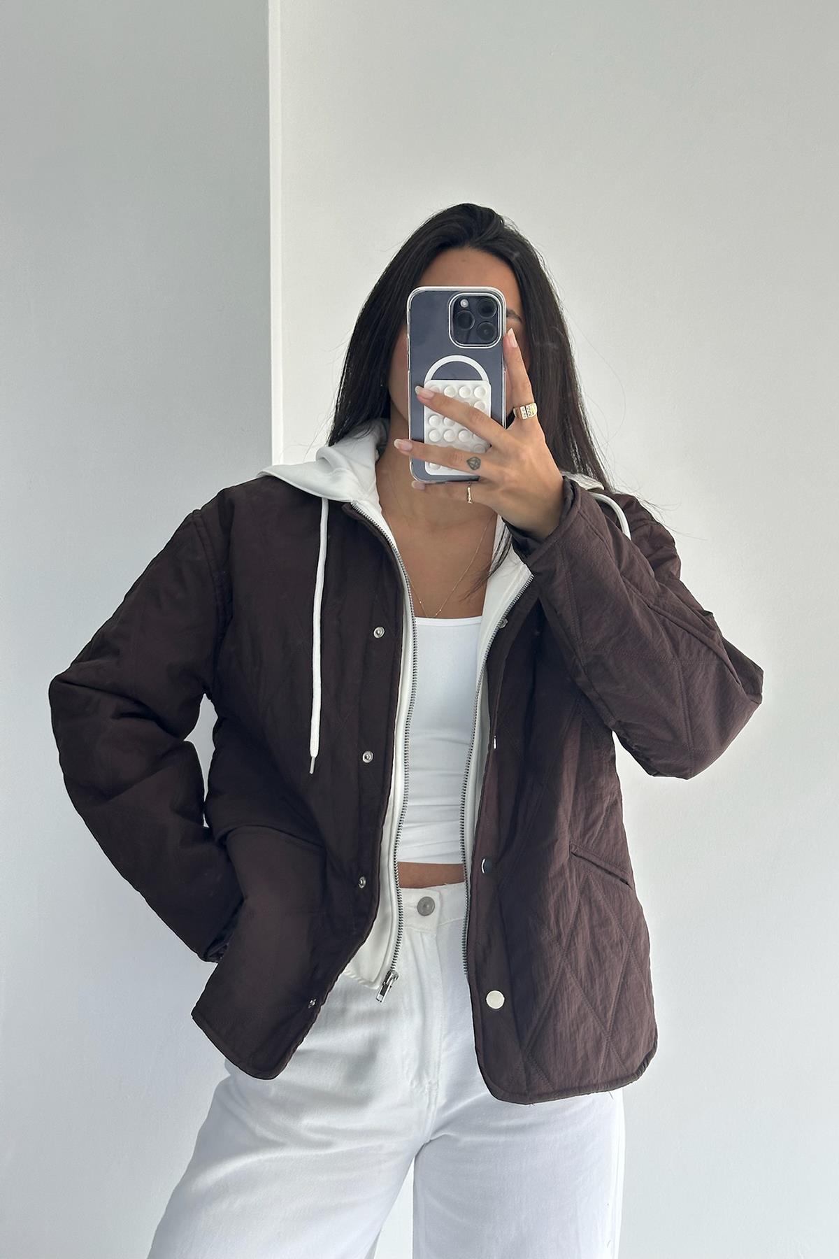 Kapüşon Garni Detaylı Kahve Kapitone Mont