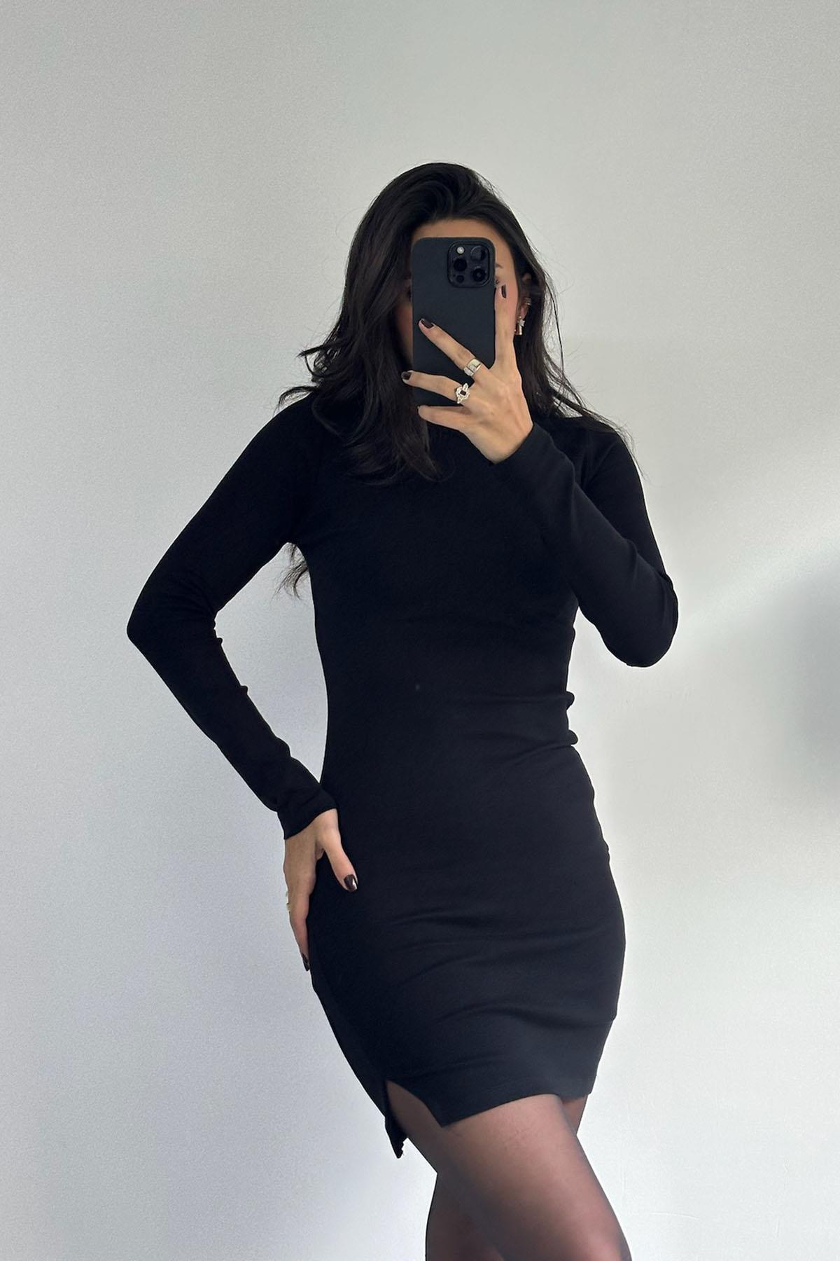 Bisiklet Yaka Uzun Kol Siyah Mini Elbise