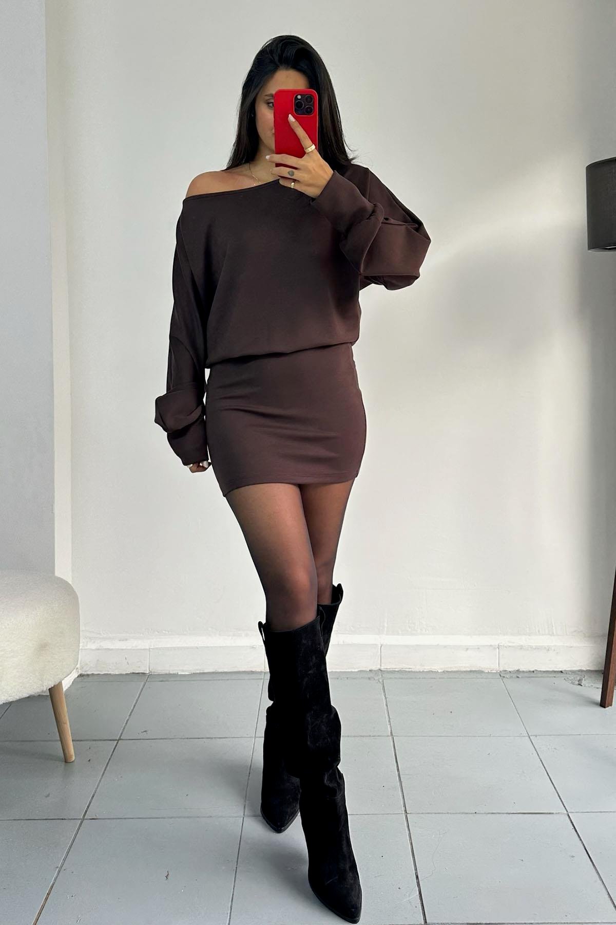 Kayık Yaka Modal Kahve Elbise