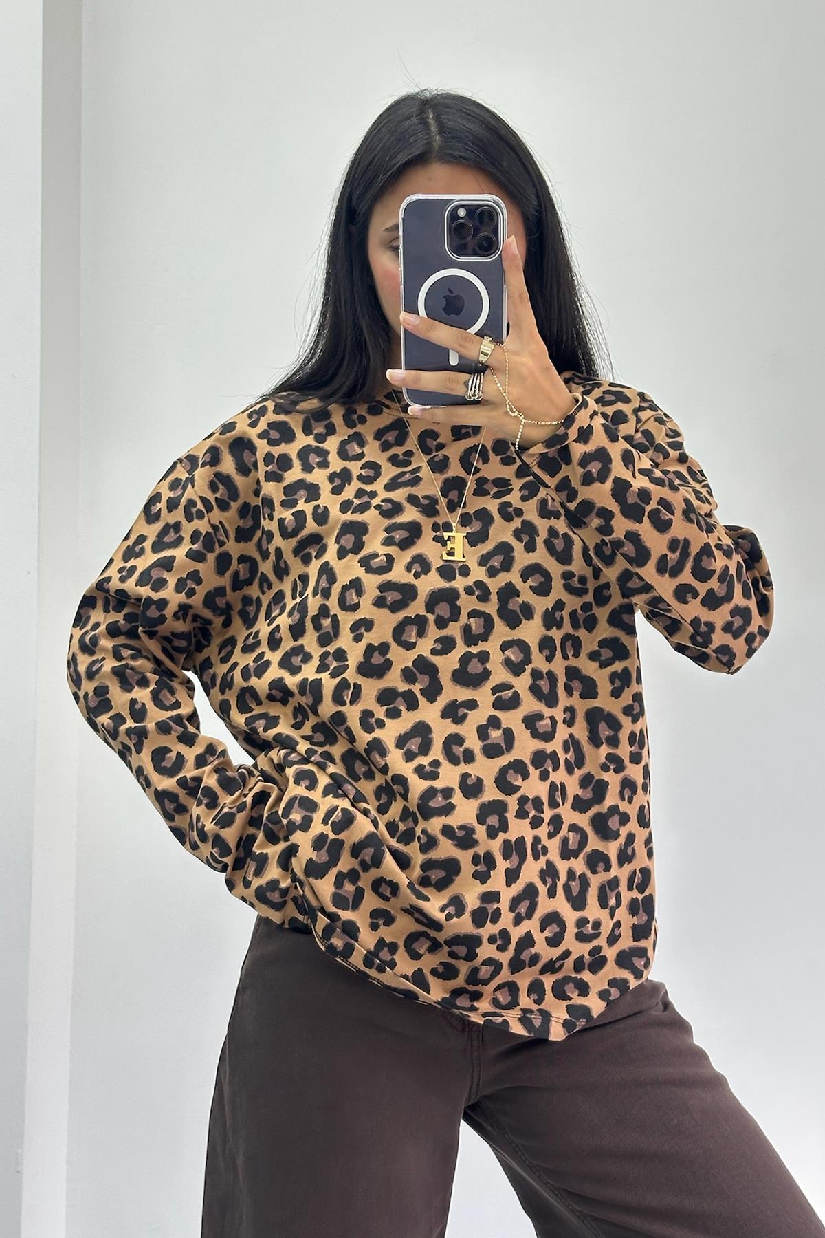 Leopar Desen Uzun Kollu Tshirt