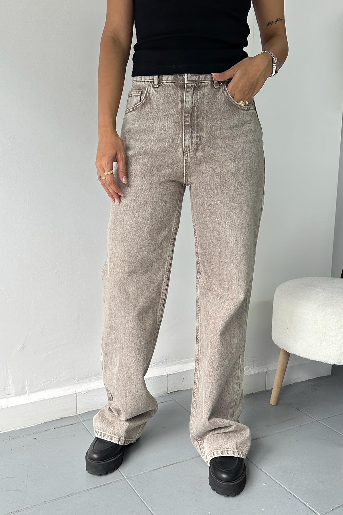 Kar Yıkama Renkli Denim Bej Jean