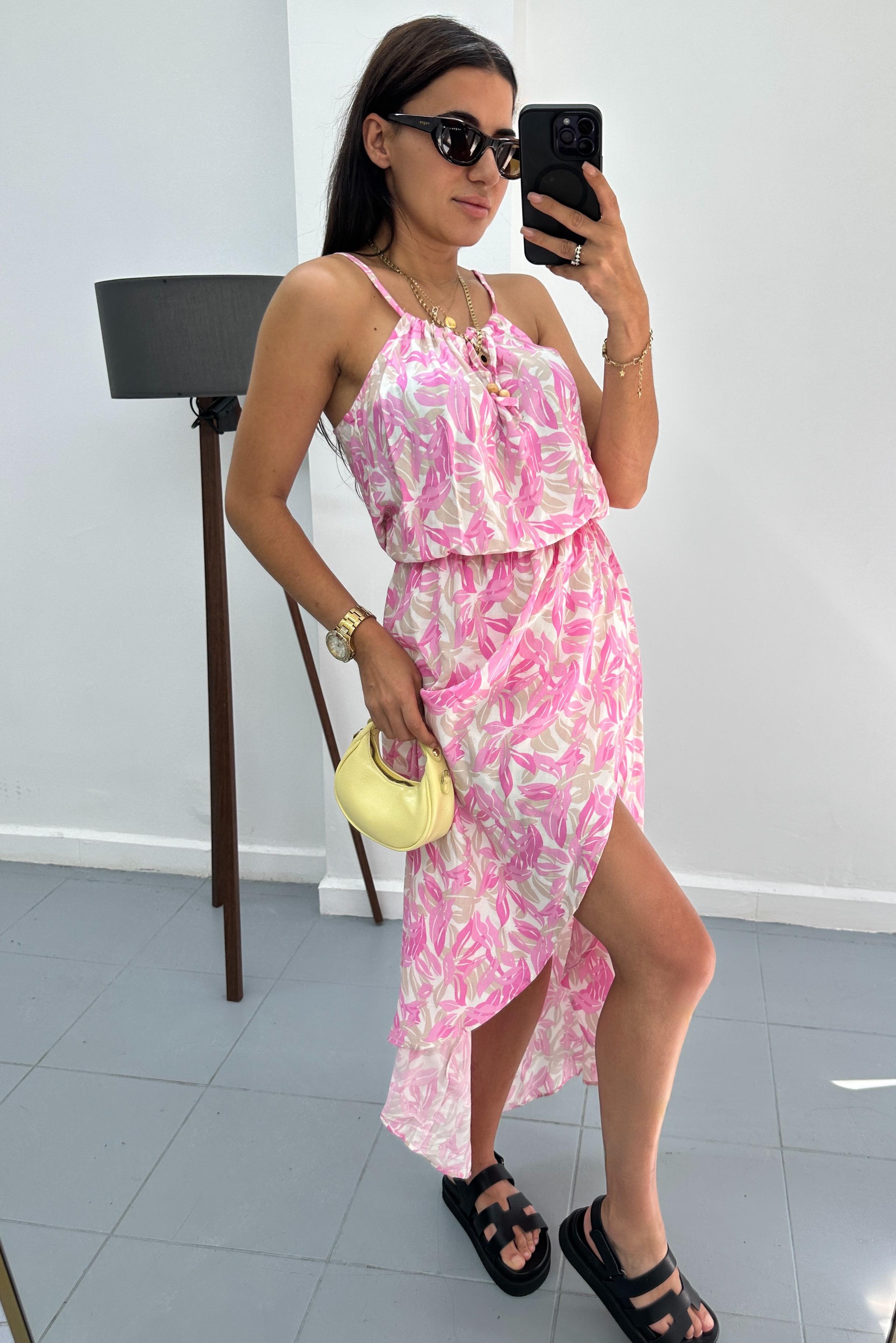 Boncuk Detay Askılı Pembe Uzun Elbise