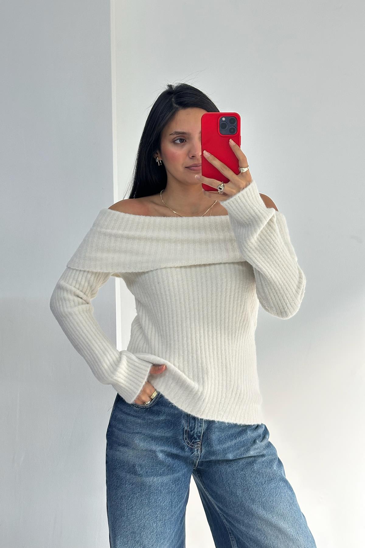 Bardot Yaka Fitilli Bej Triko Kazak