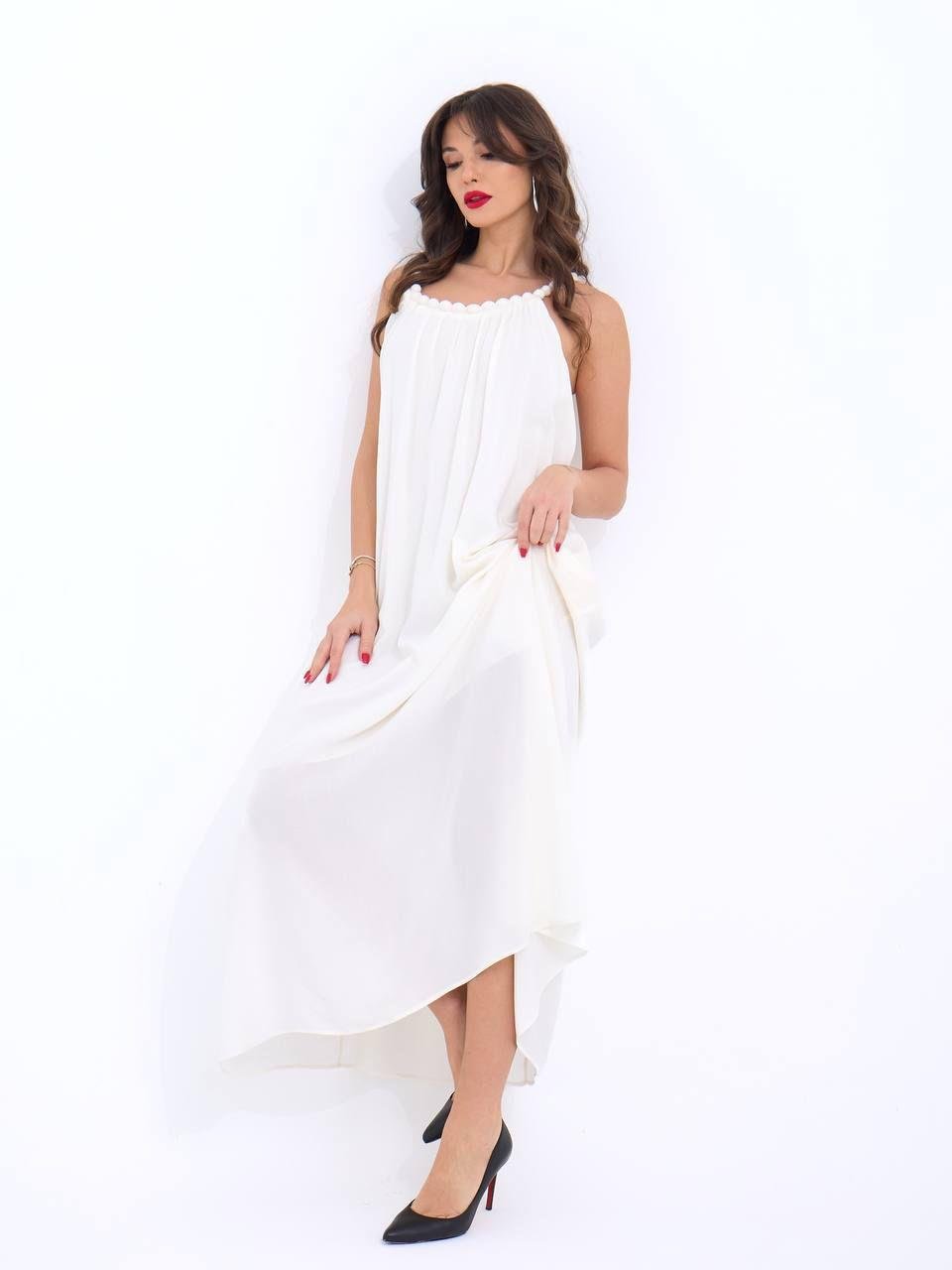 Boncuk Askılı Ekru Uzun Elbise