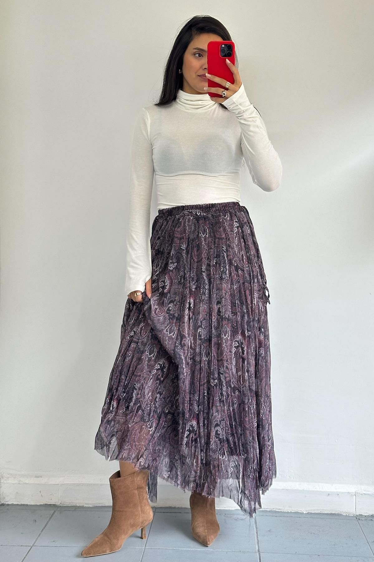 Beli Lastikli Şal Desen Siyah Etek