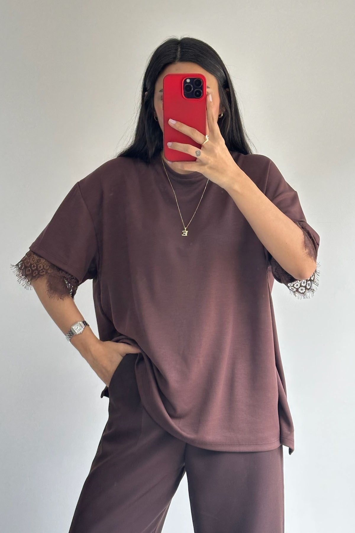 Sırtı Dantelli Kahve Tshirt