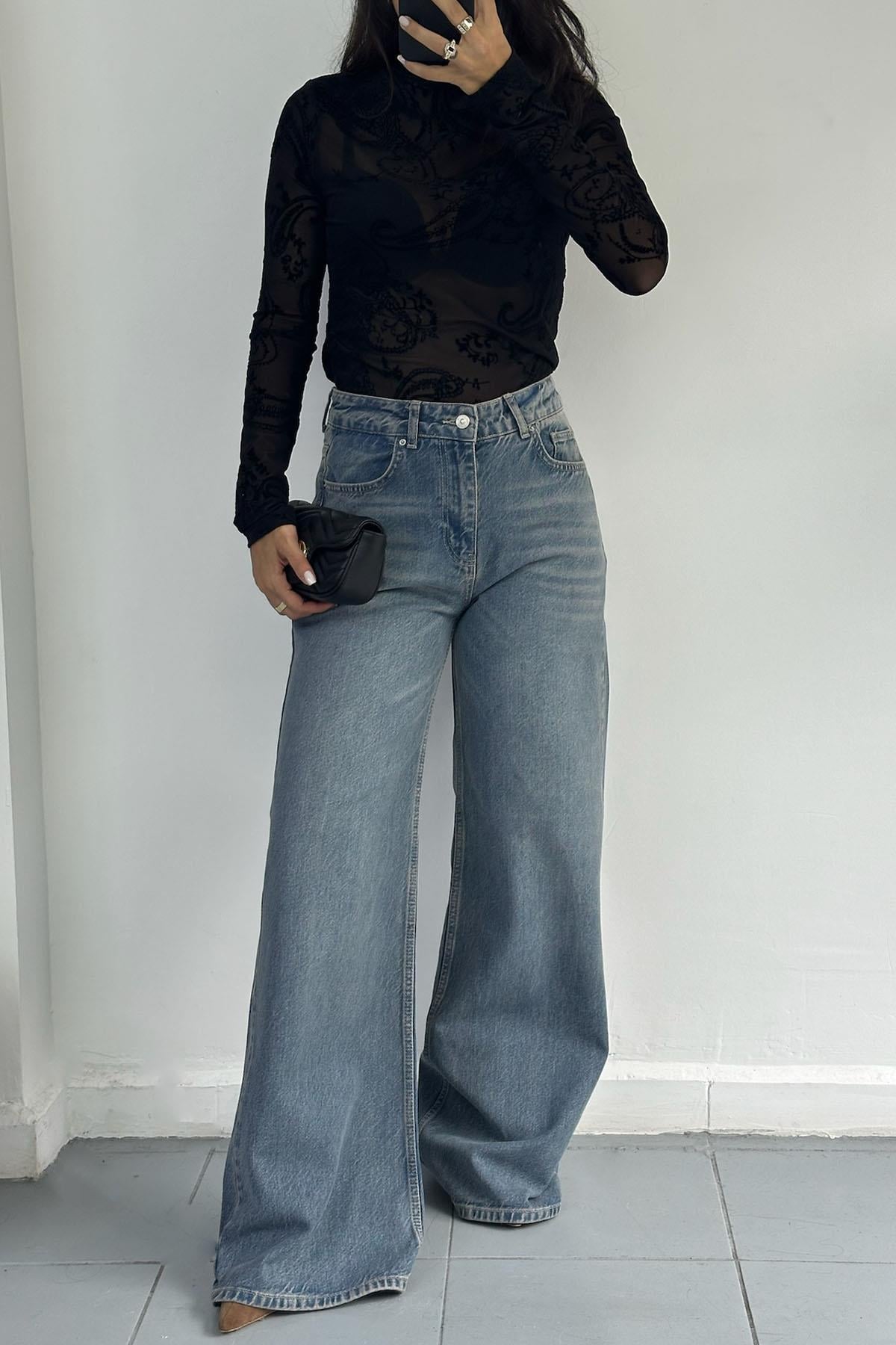 %100 Pamuk Dökümlü Geniş Denim Pantolon