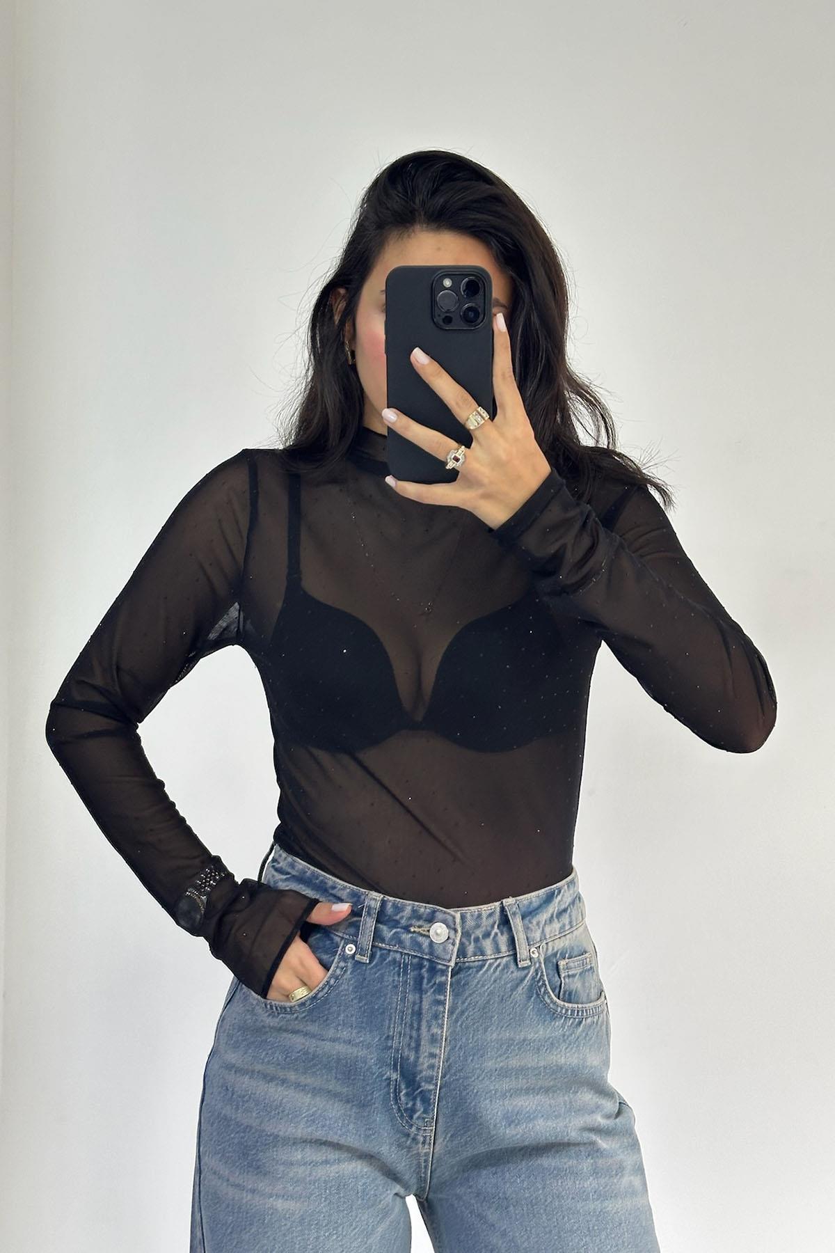 Taşlı Transparan Siyah Bluz