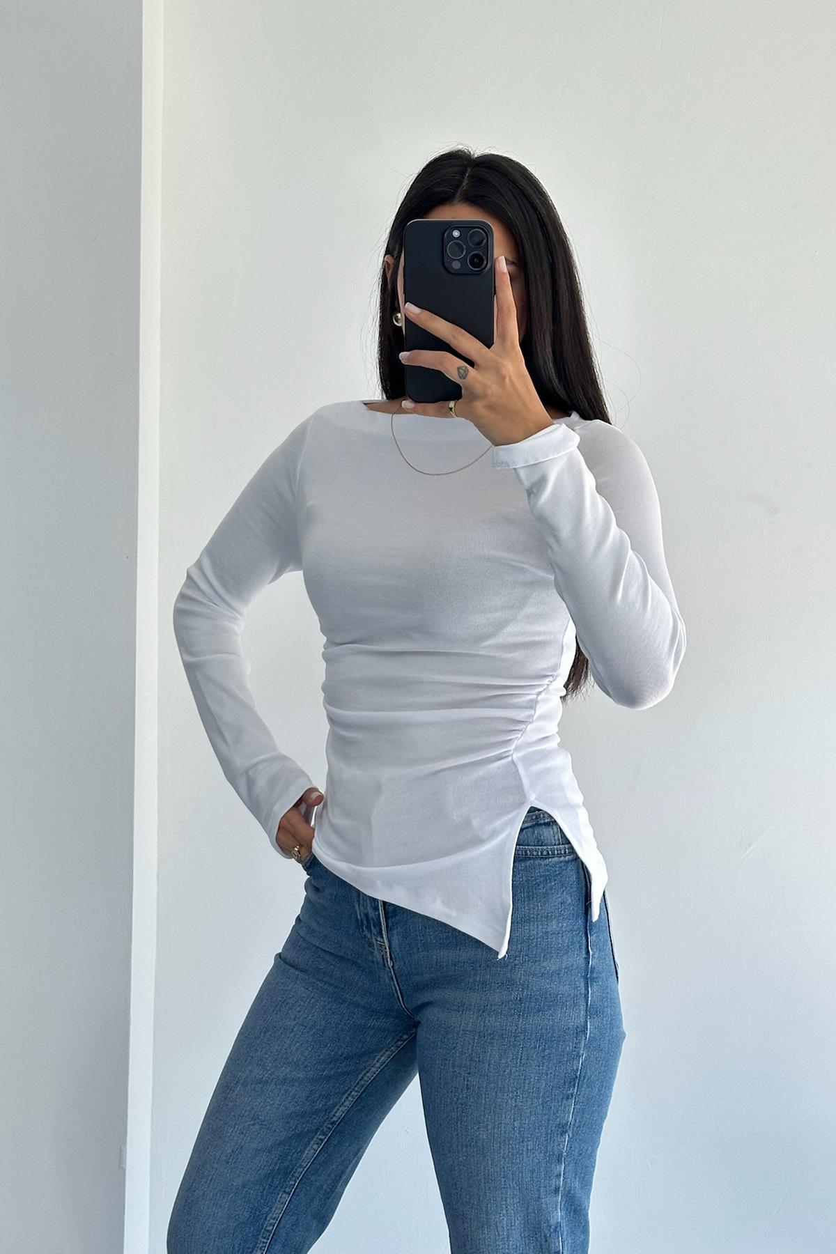 Kayık Yaka Asimetrik Kesim Beyaz Bluz