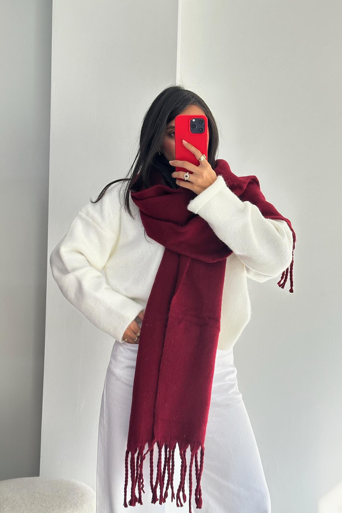 Püsküllü Bordo Atkı