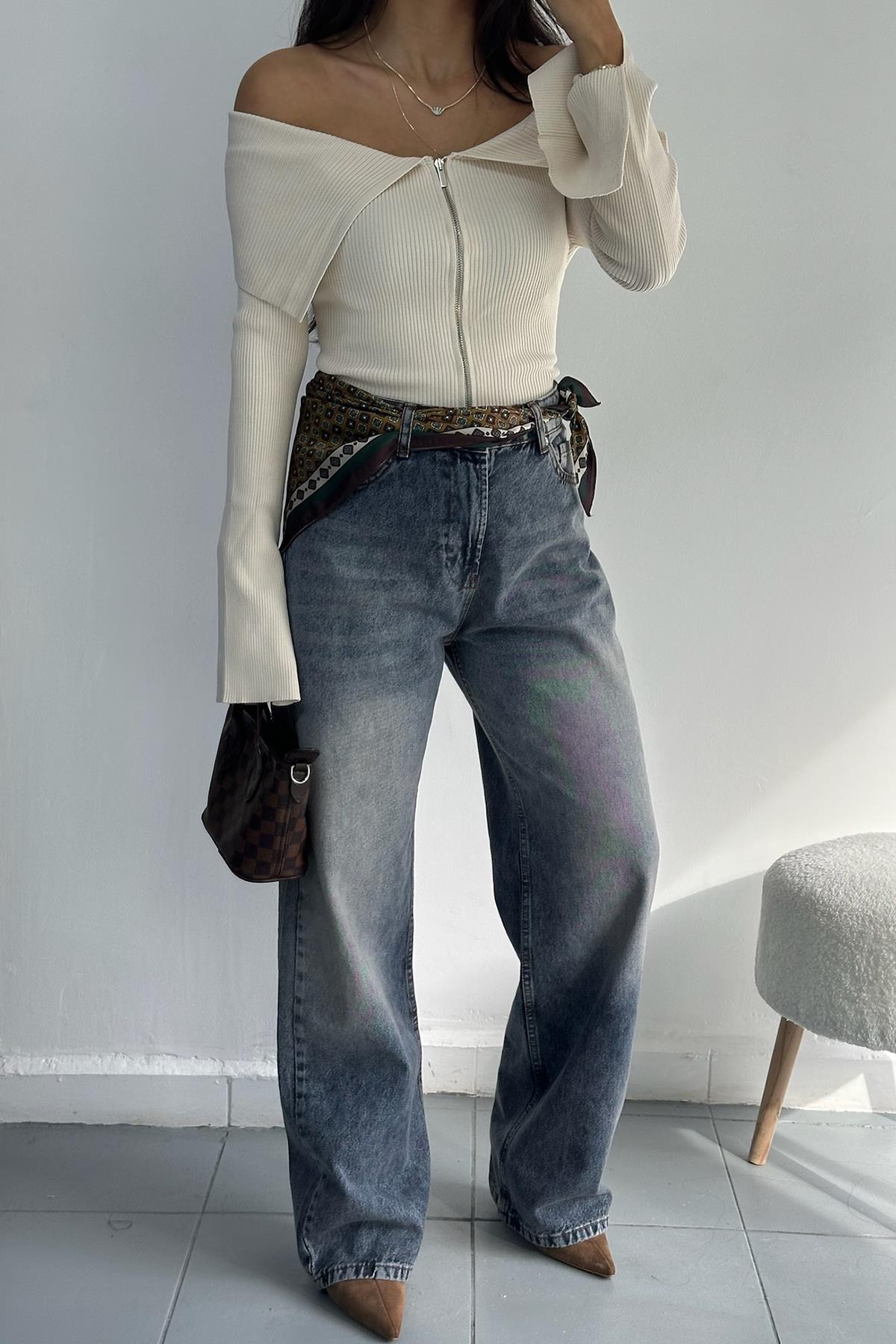 Fularlı Denim Pantolon