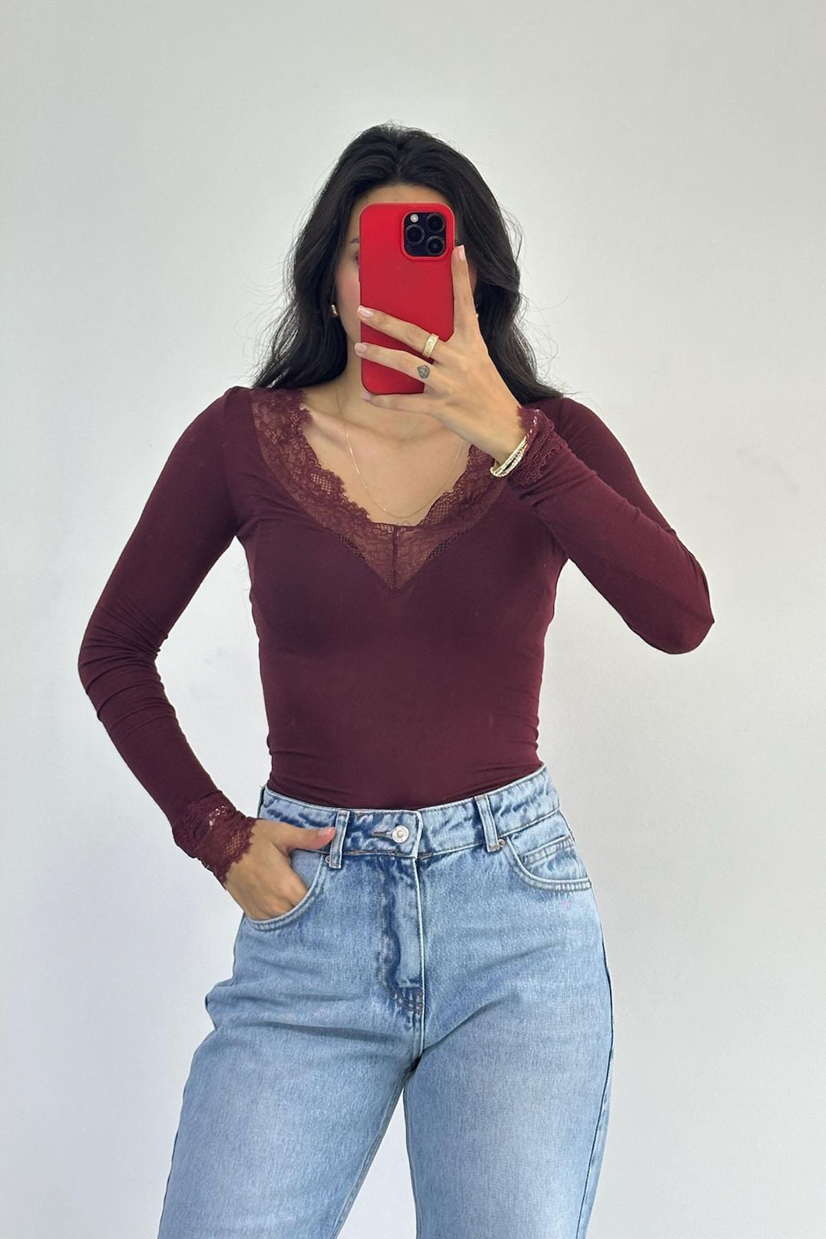 Dantelli Bordo Kaşmir Bluz