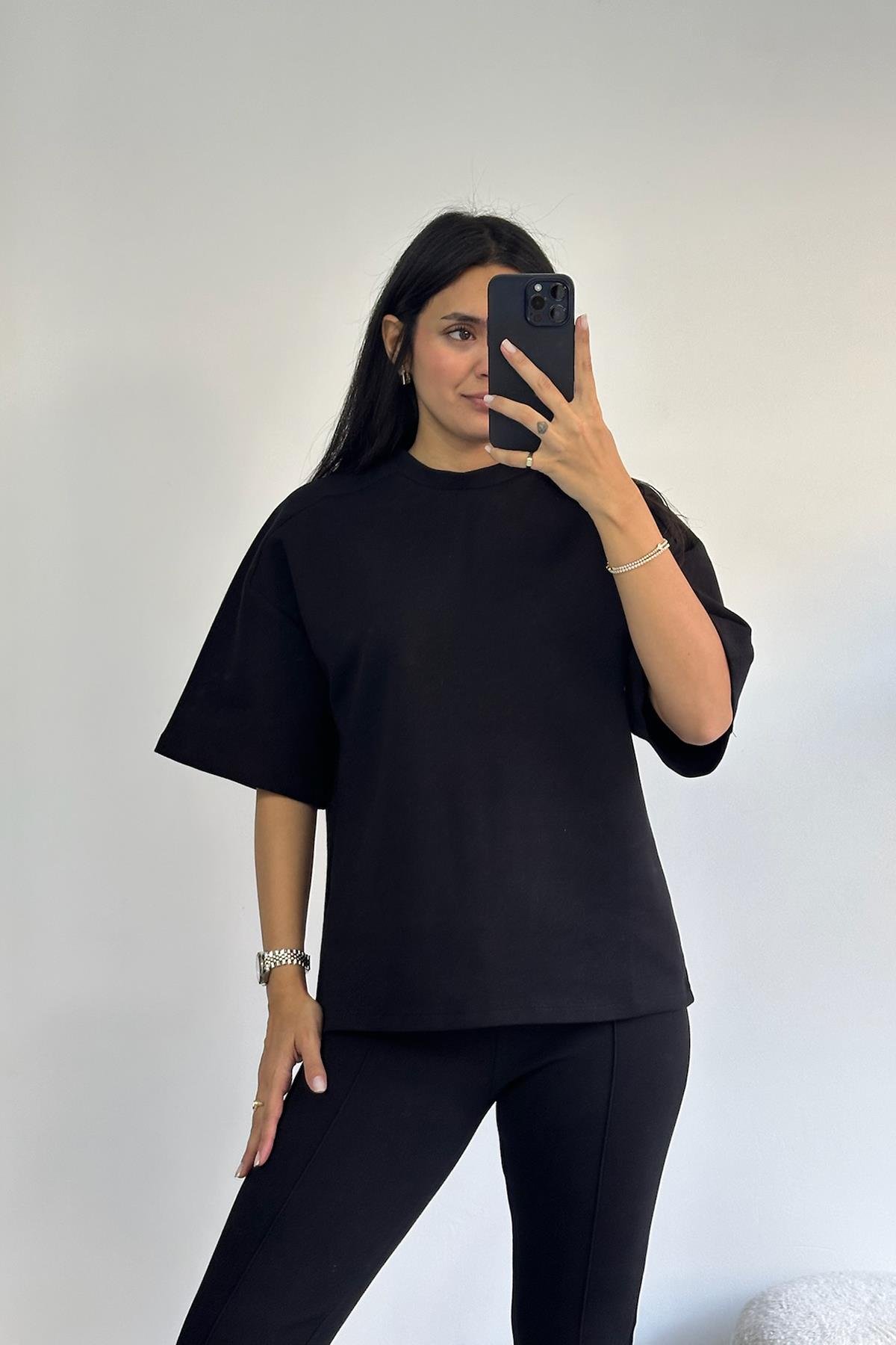 Dikiş Detaylı Siyah İnterlok Pantolon Bluz Takım