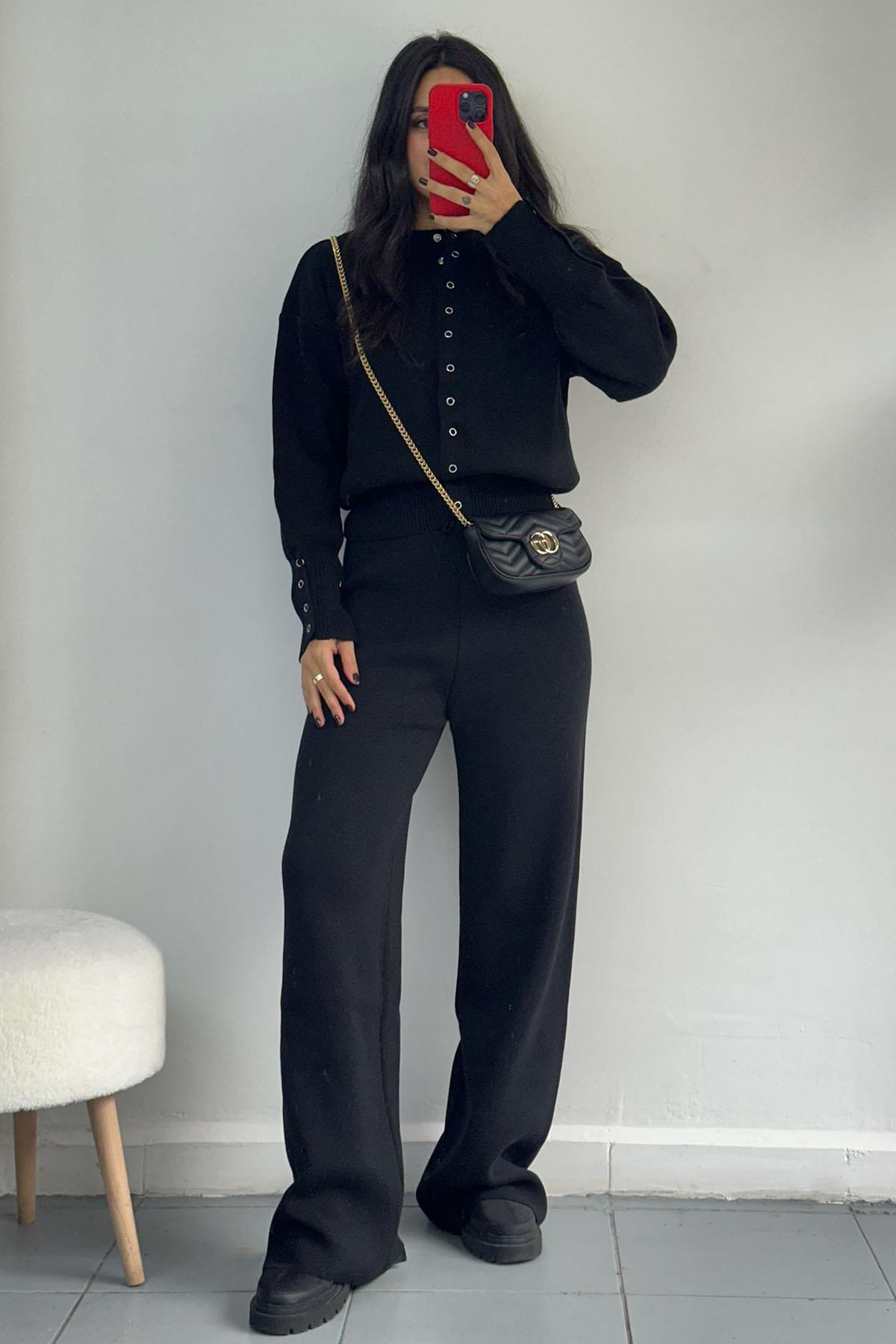 Çıtçıt Düğmeli Premium Triko Siyah Takım