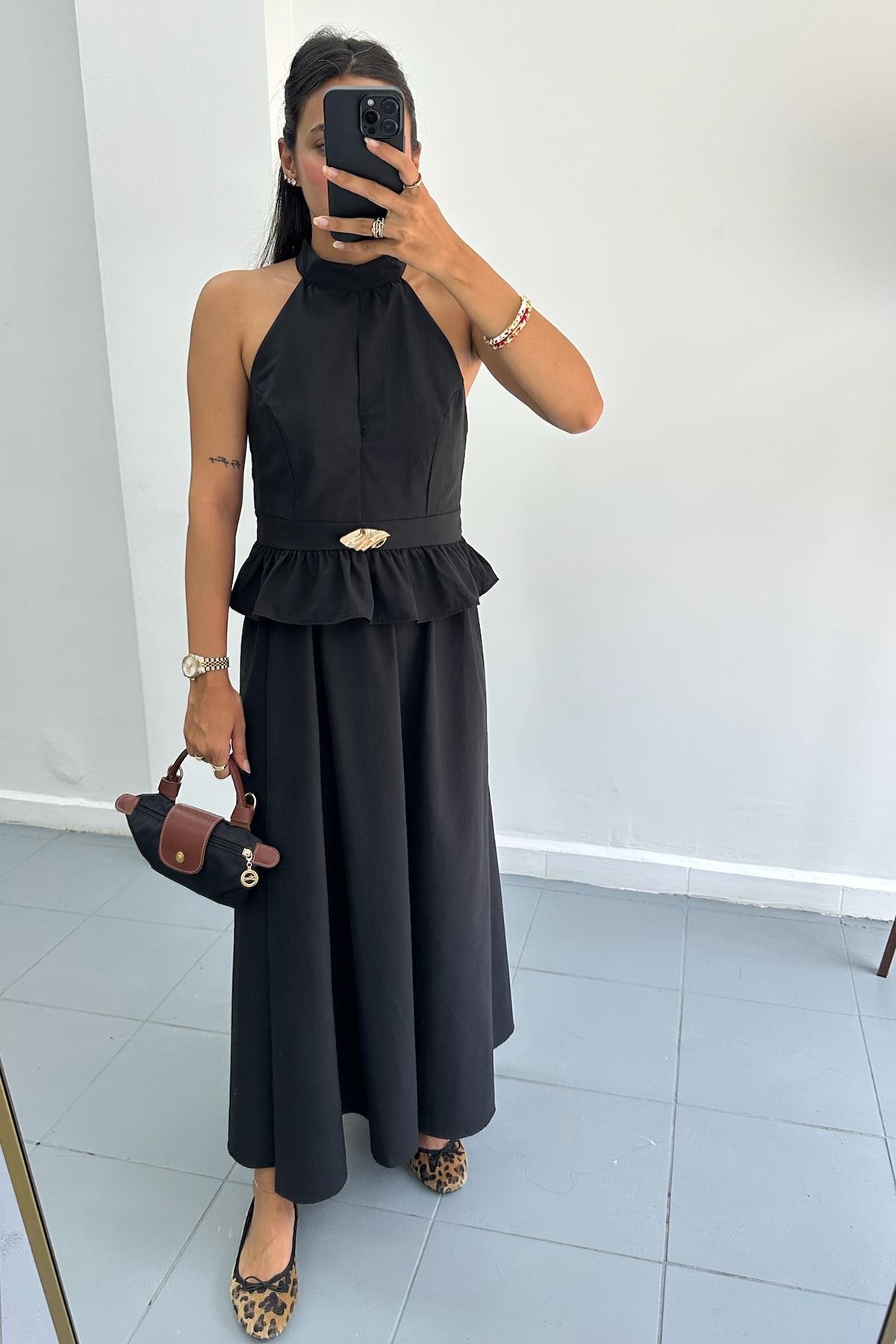 Toka Detaylı Poplin Siyah Takım