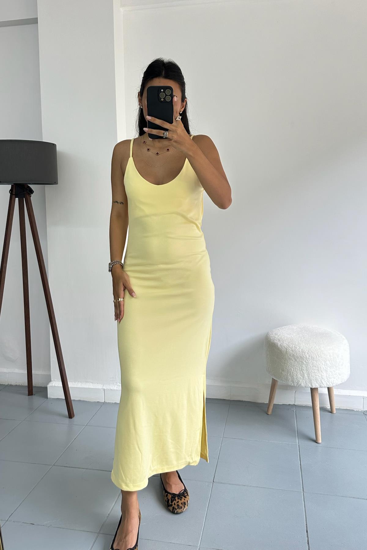 Modal Basic Sarı Yırtmaçlı Elbise