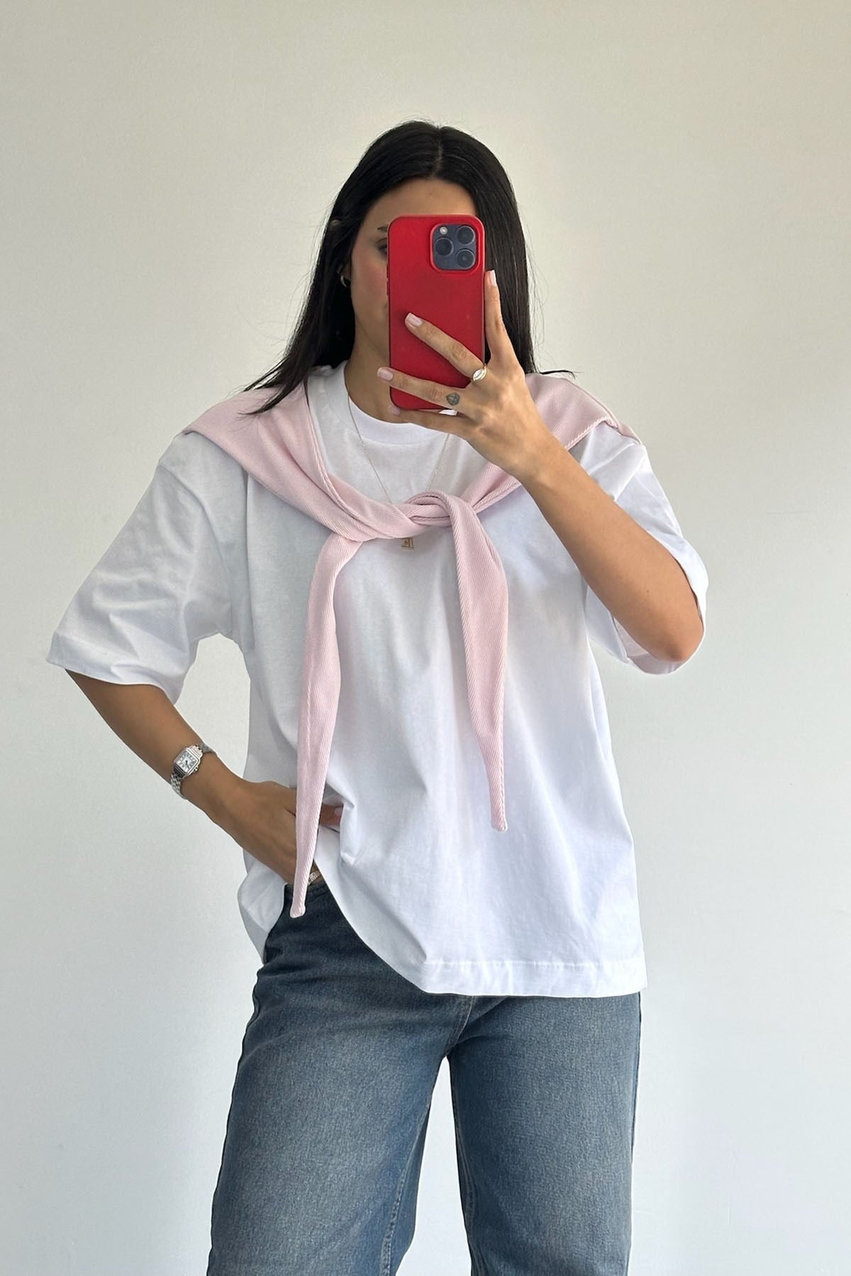 Kendinden Bağlamalı Beyaz Pembe Tshirt