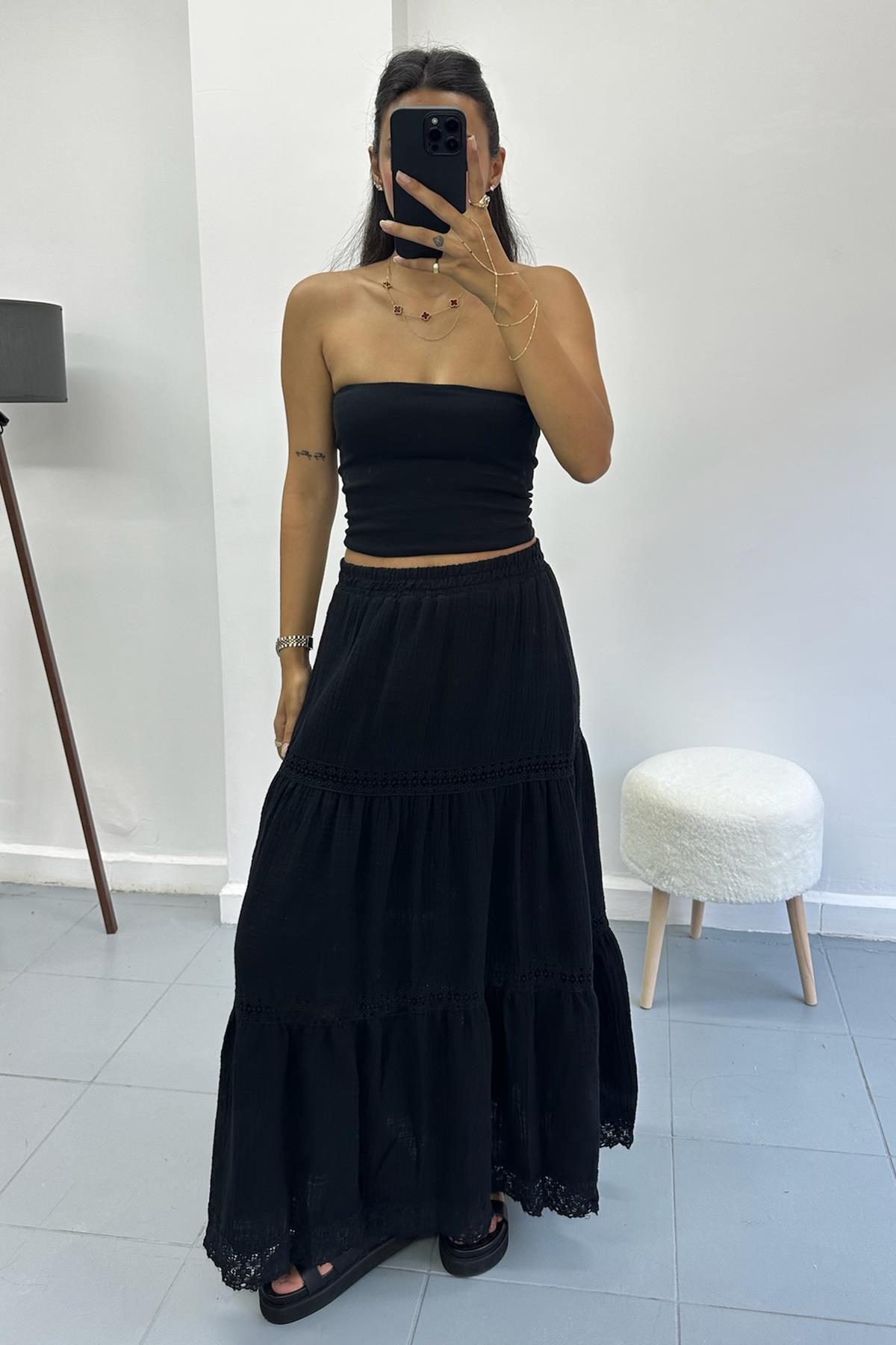 Güpür Detaylı Keten Müslin Siyah  Etek