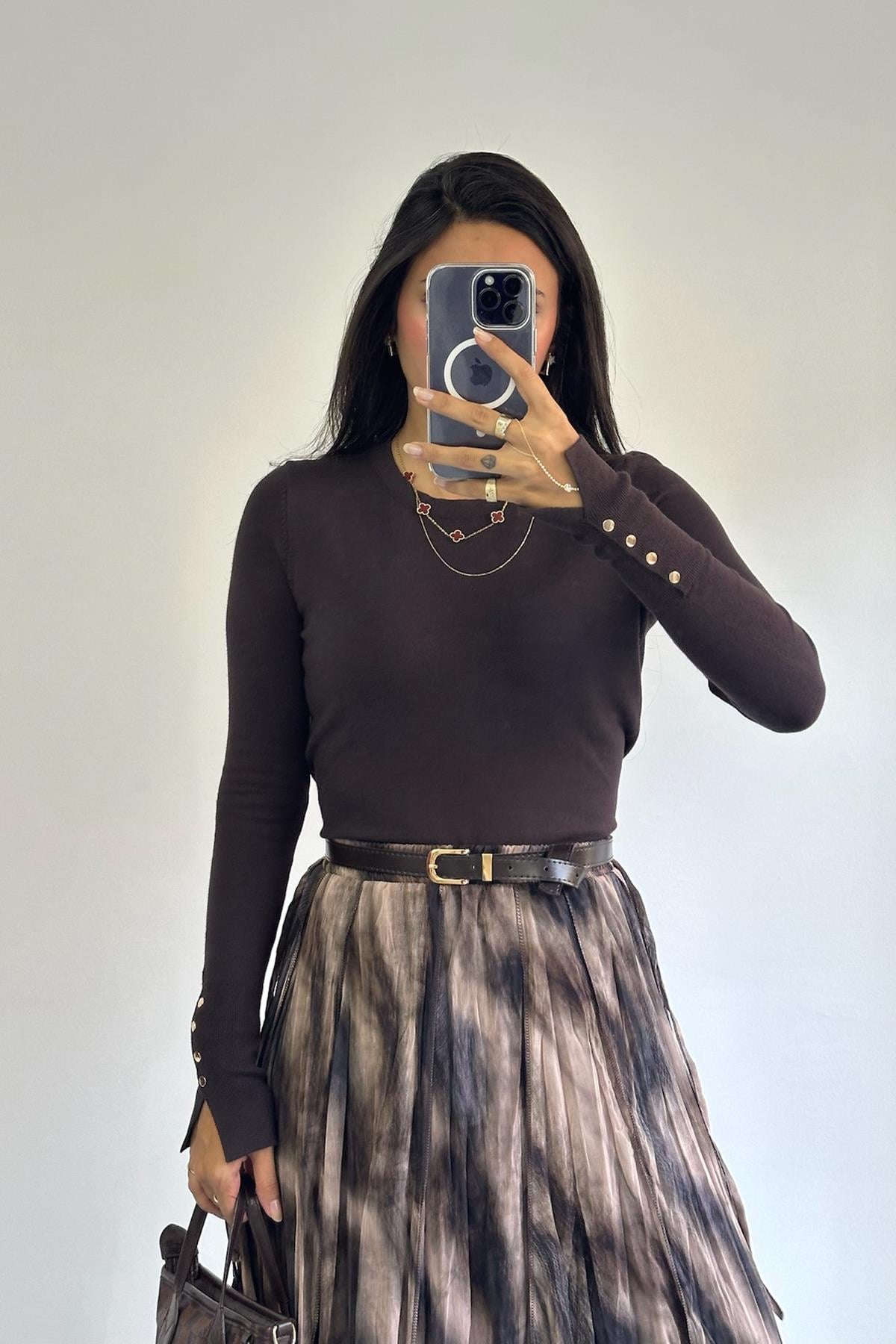 Bisiklet Yaka Kol Ortası Droplu Kahverengi Kazak