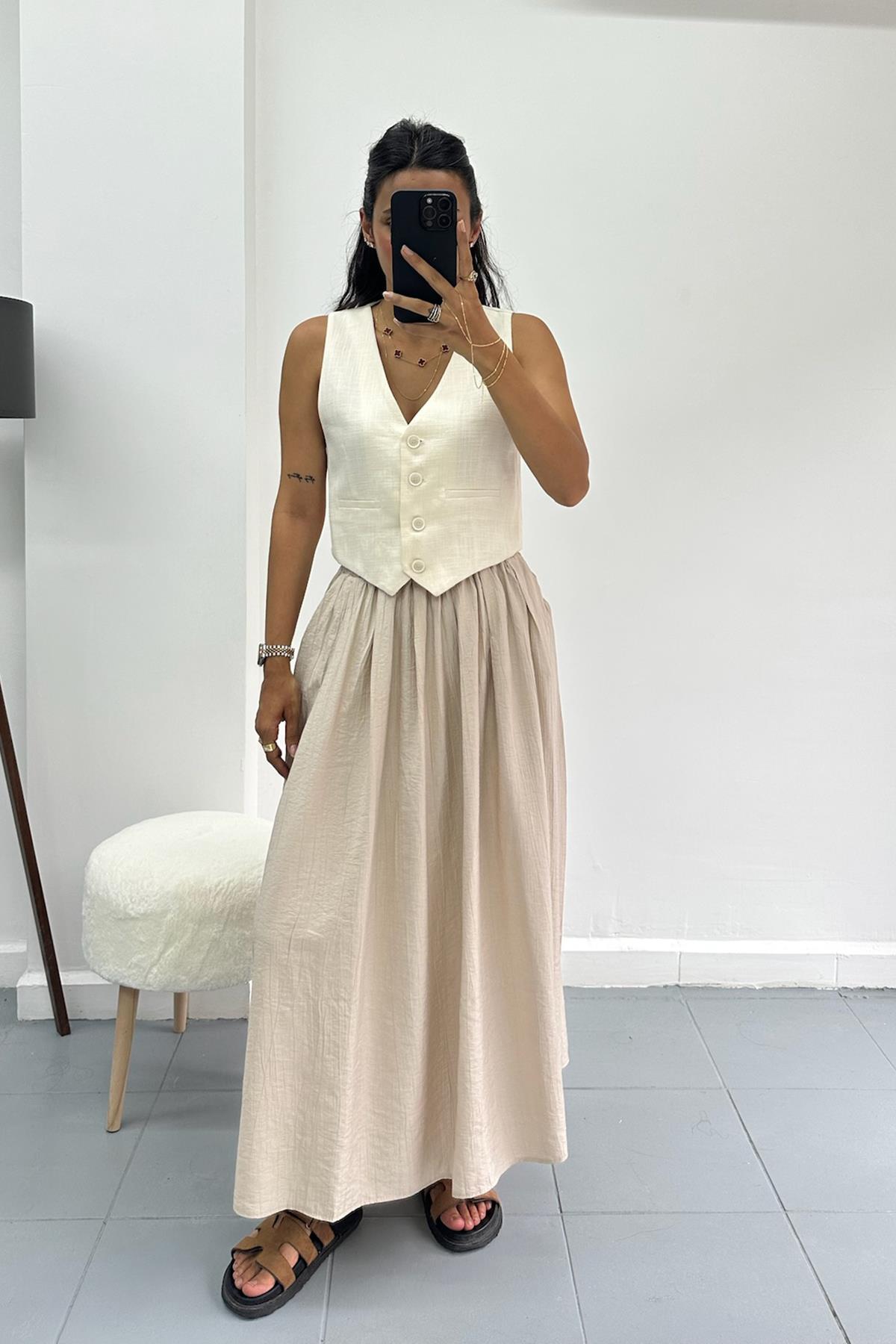 Beli Lastikli Bej Klos Etek