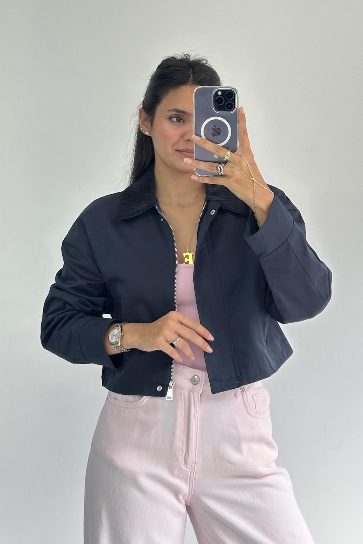 Yakası Kadife Lacivert Bomber Ceket