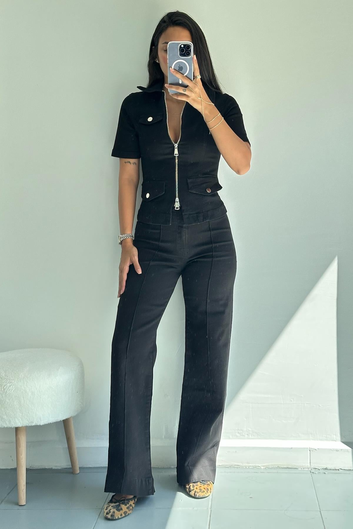 Önü Çimalı Siyah Kot Pantolon