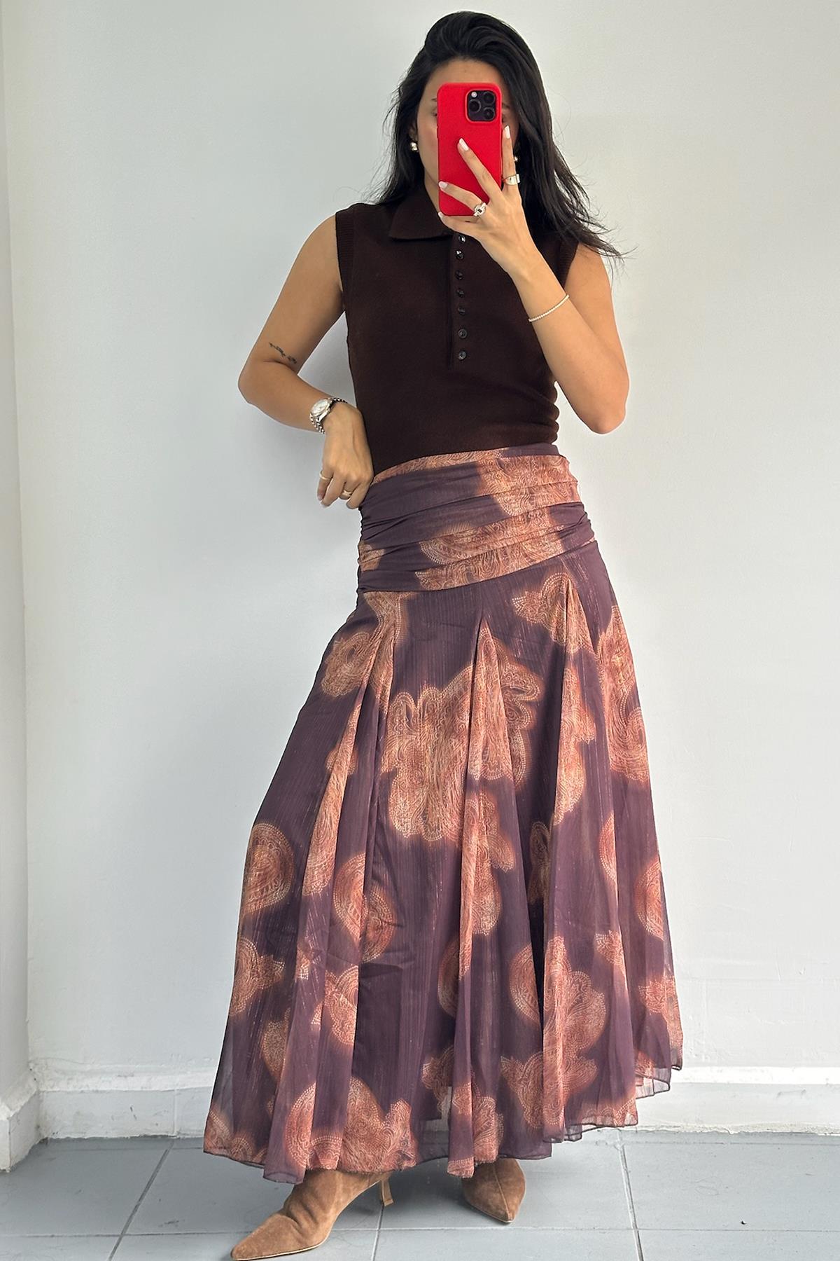 Bel Detaylı Şal Desen Kahve Etek