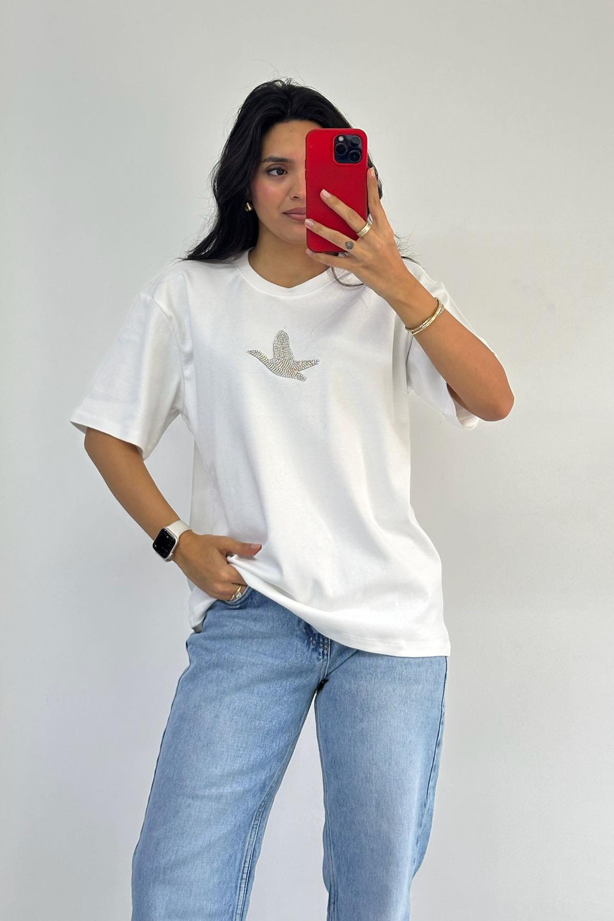 Taşlı Kuşlu Beyaz Basic Tshirt