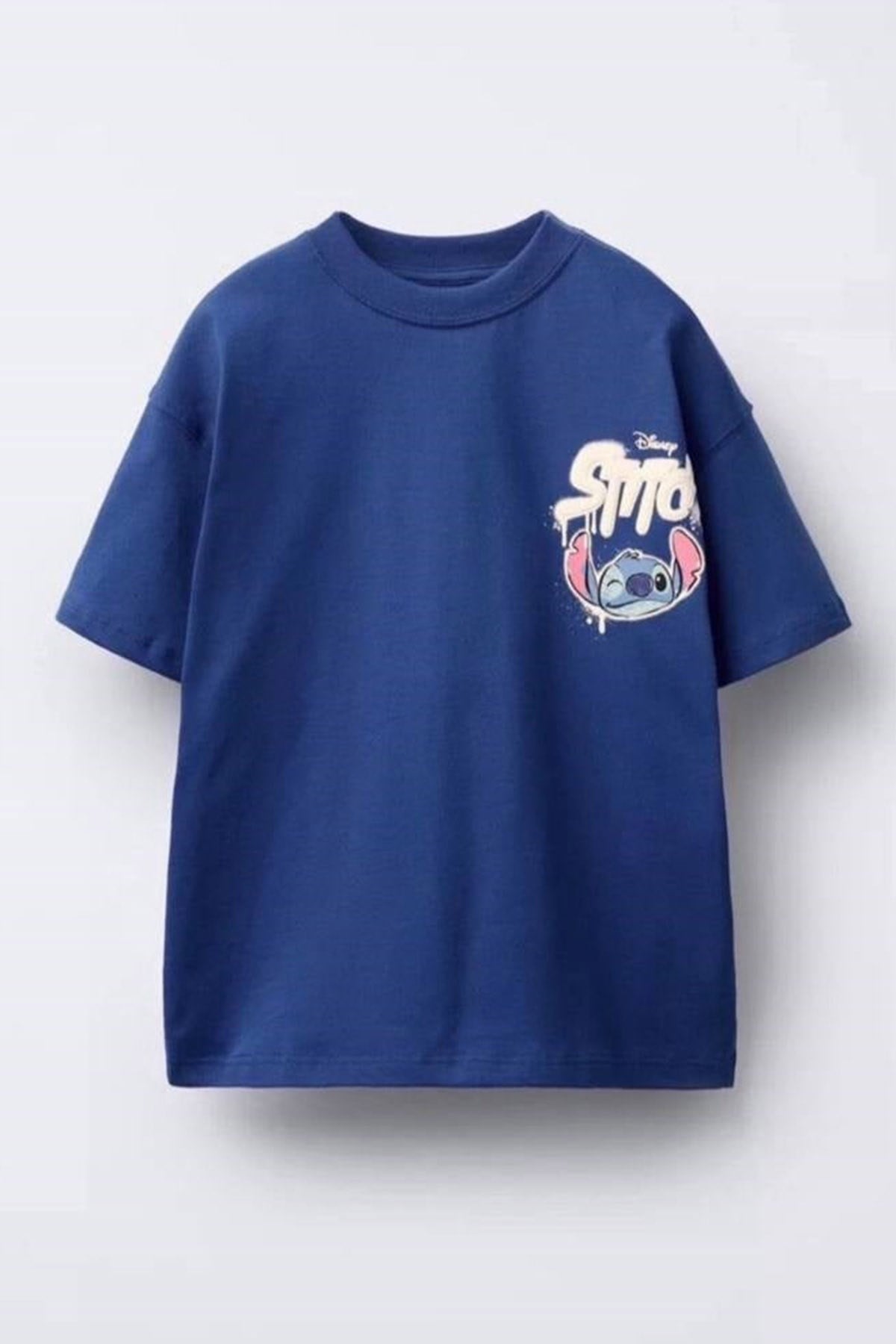Stitch Sprey Baskılı Lacivert Tshirt