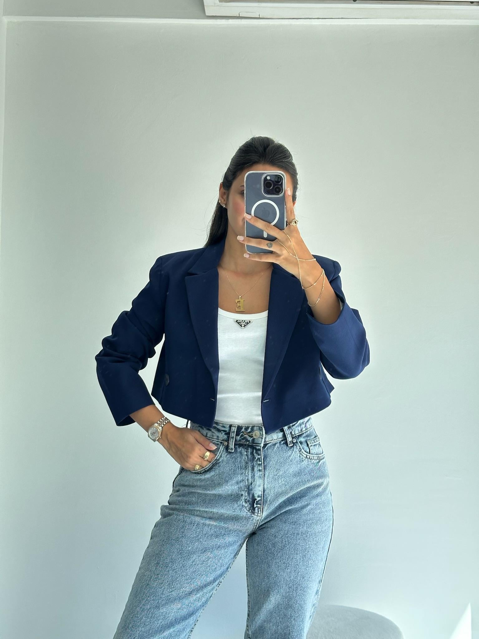 Lacivert Mini Blazer Ceket