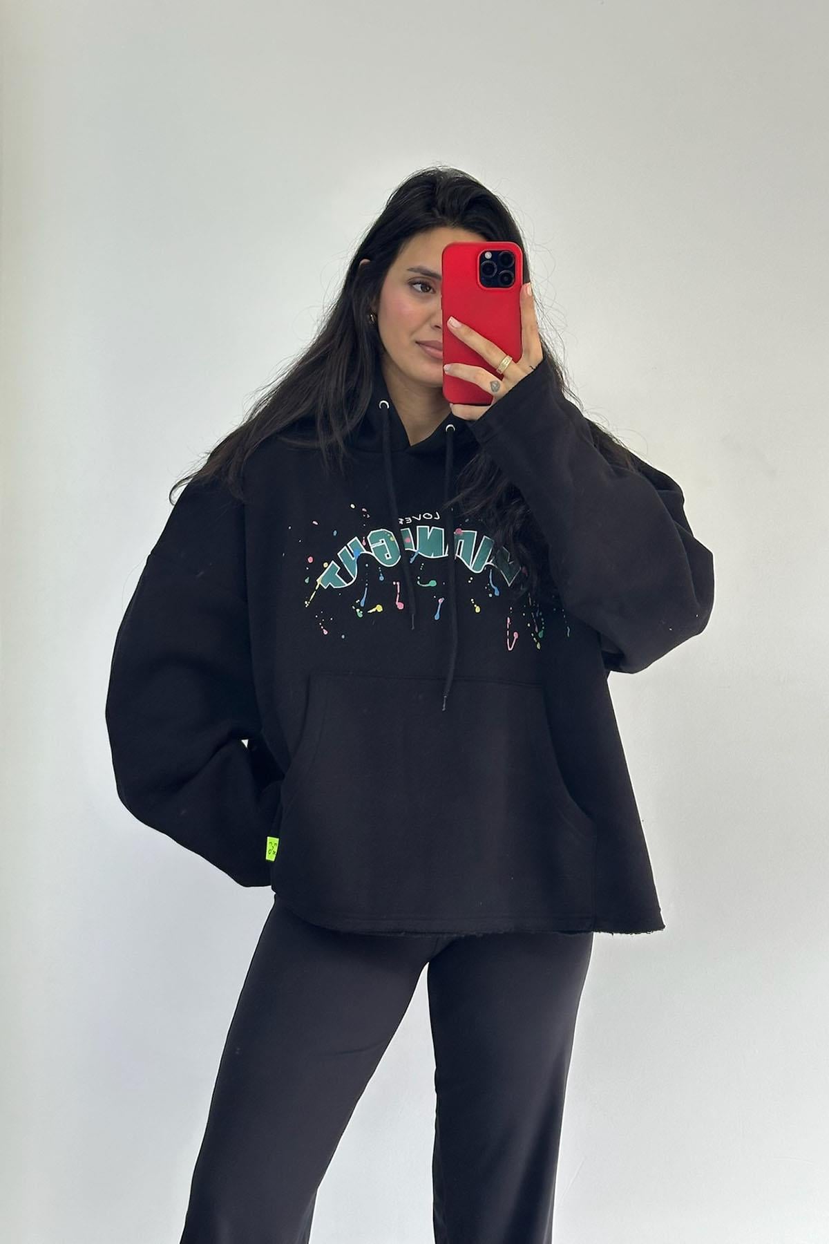 Baskı Detaylı Siyah Sweatshirt