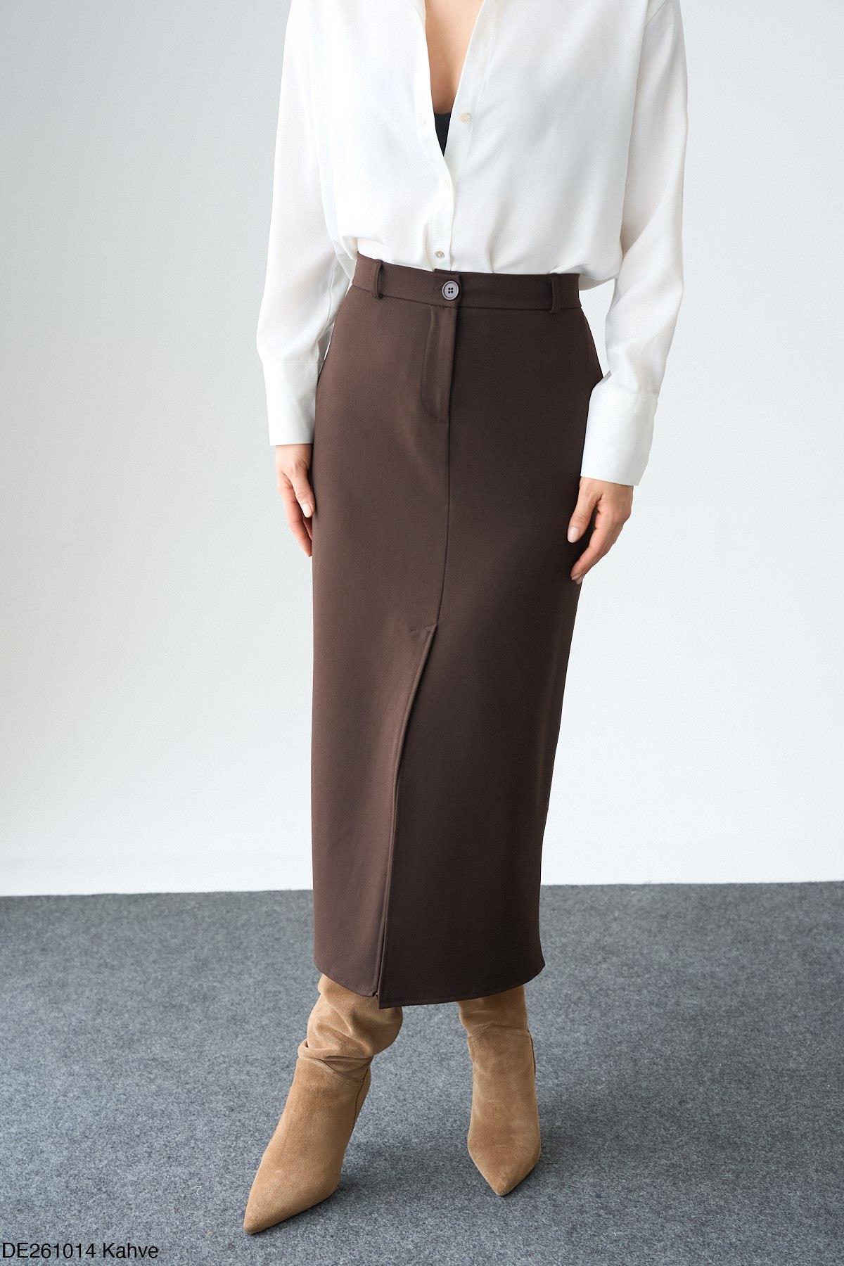 Önü Yırtmaçlı Kahve Midi Etek