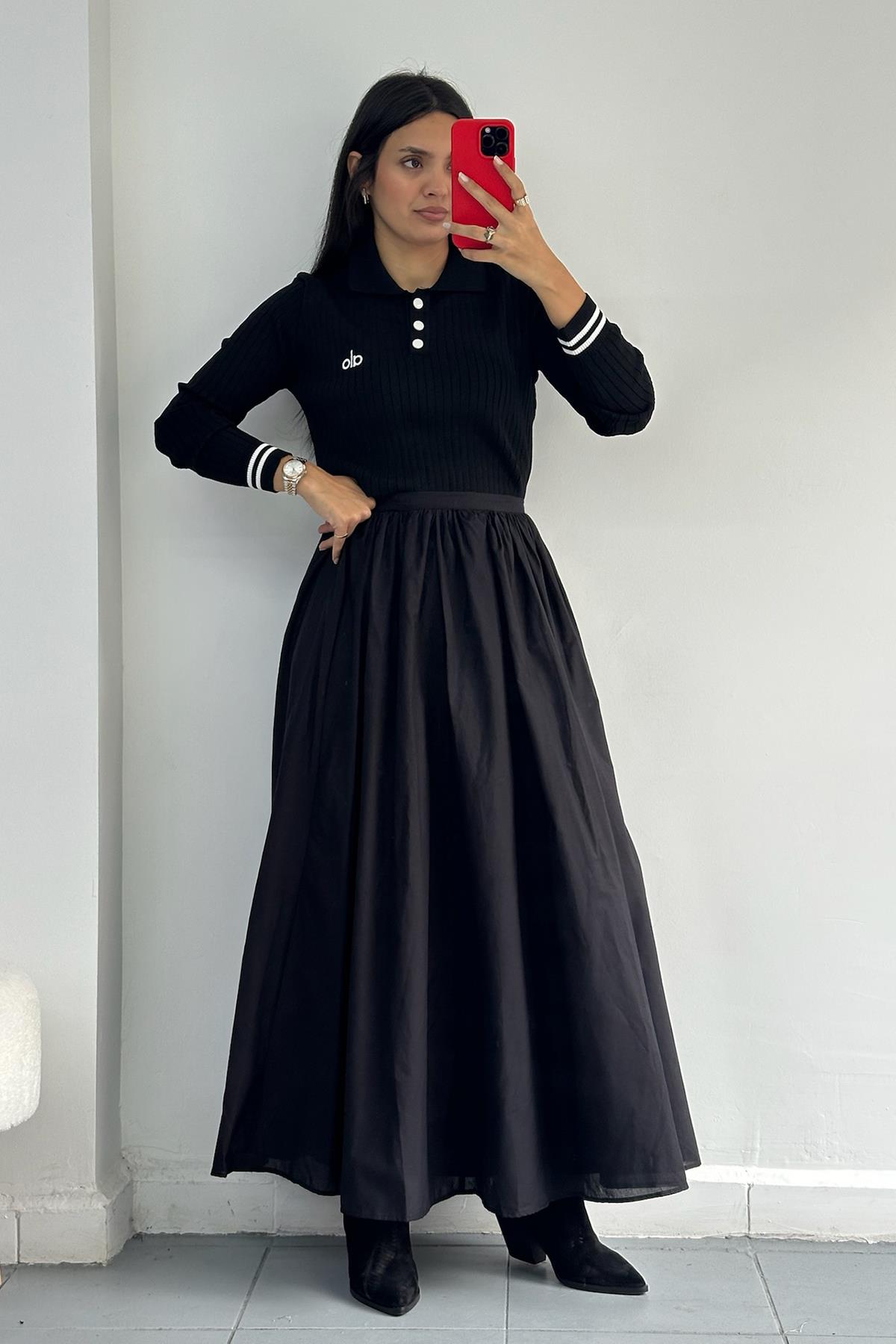 Astarlı Uzun Siyah Etek