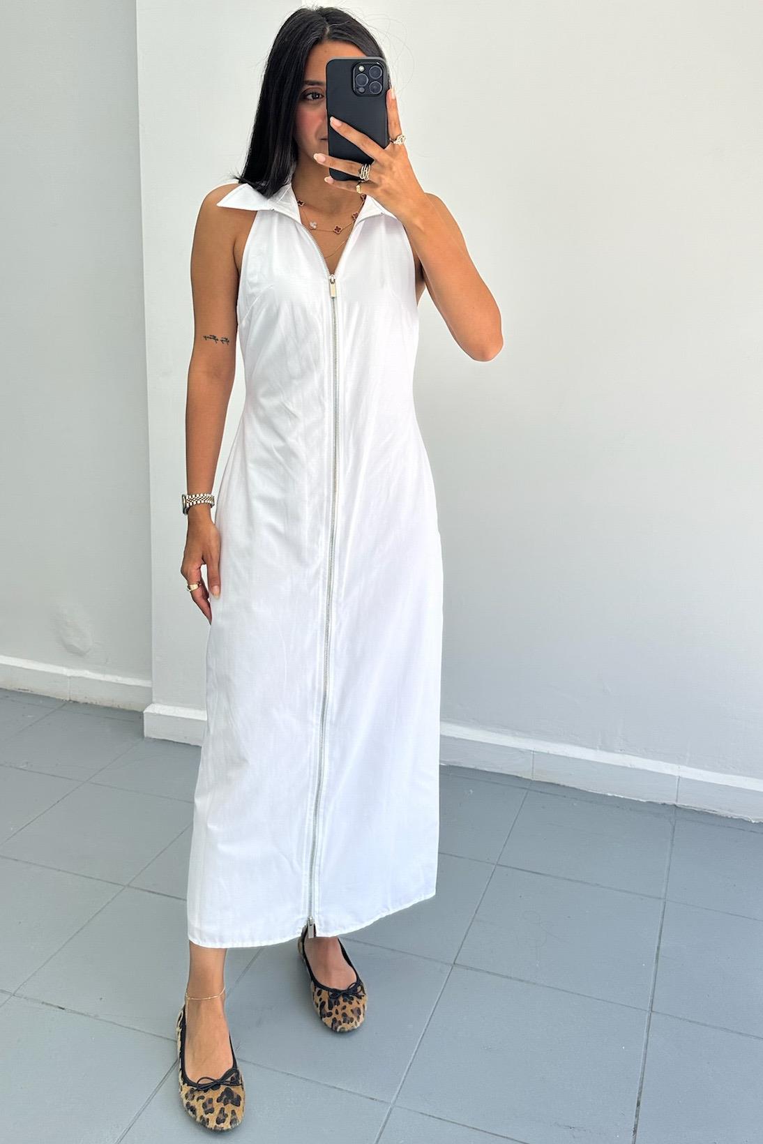 Fermuar Detaylı Beyaz Elbise